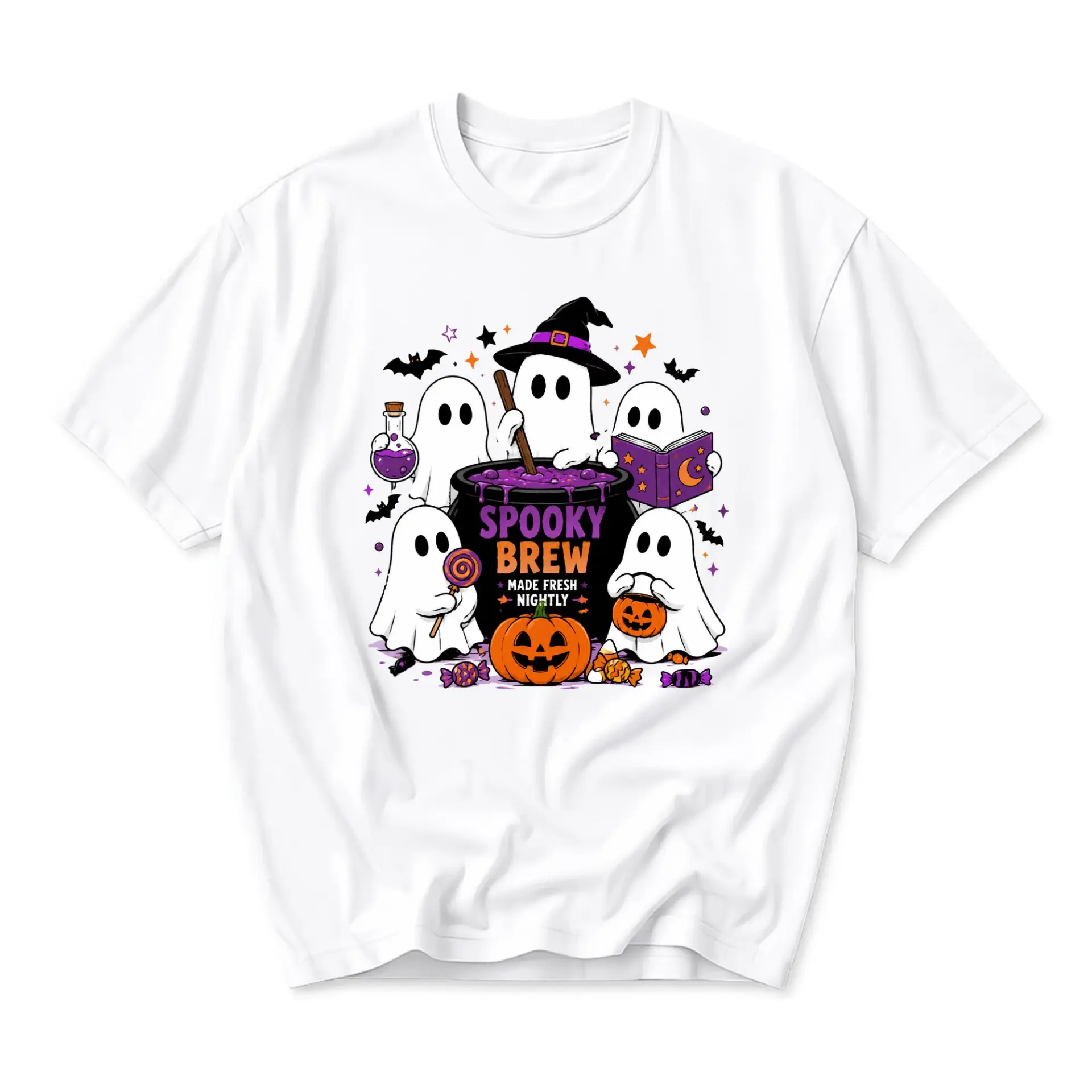 Graphic Tee Spooky Brew Halloween Shirt Cute Ghosts Brewing Cauldron Unisex Crew Neck Casual Cotton Blend Top