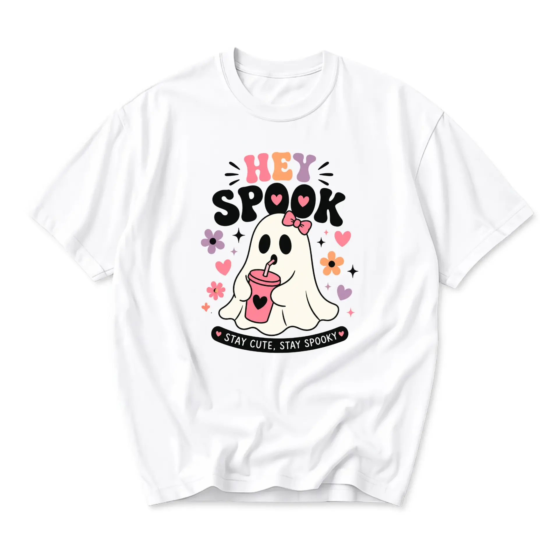Graphic Tee Hey Spook Cute Ghost Design Unisex Crew Neck Shirt for Casual Wear and Everyday Comfortable Outfit Style