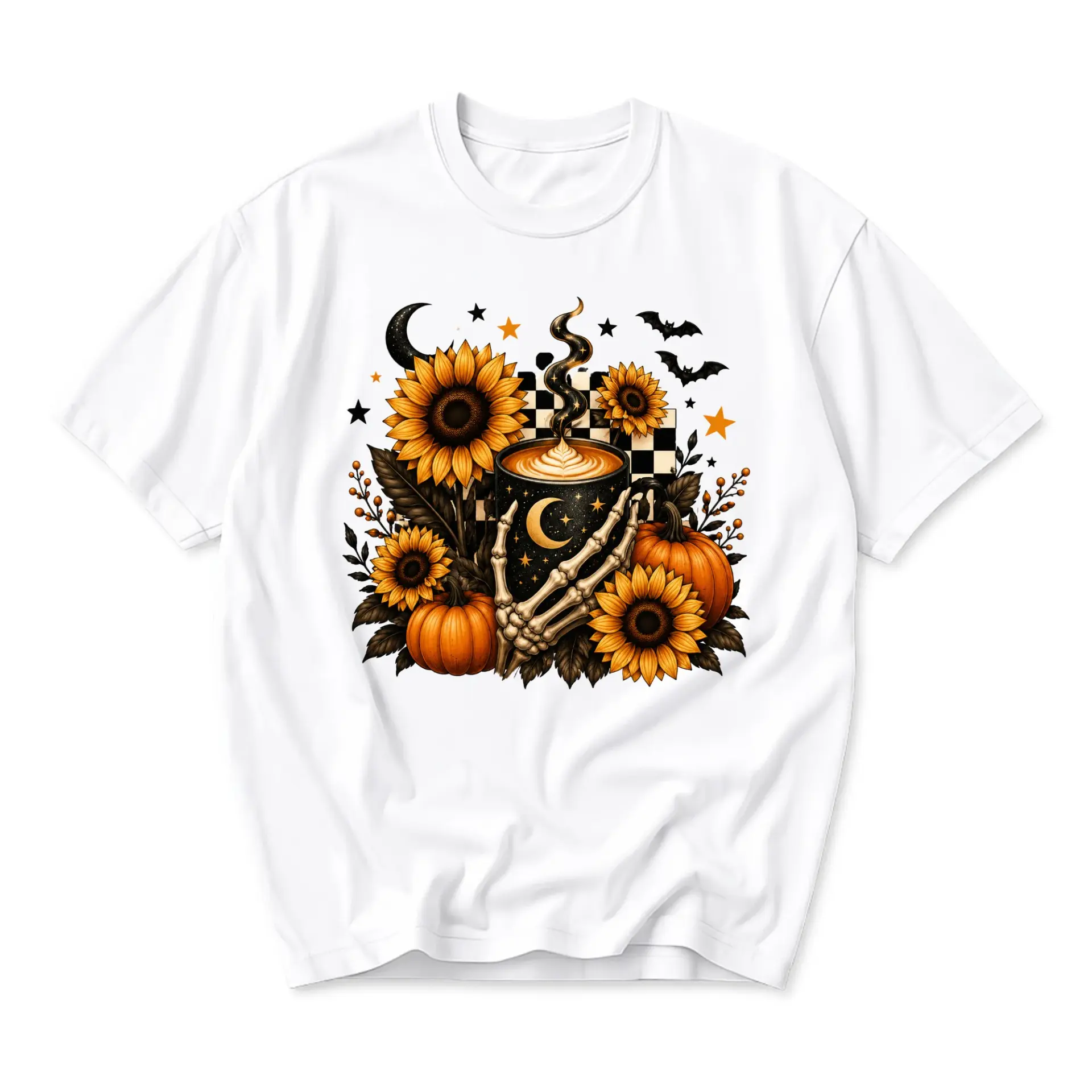 Graphic Tee Sunflower Skeleton Hand Coffee Cup Autumn Pumpkin Print Unisex Crew Neck Casual Everyday Short Sleeve