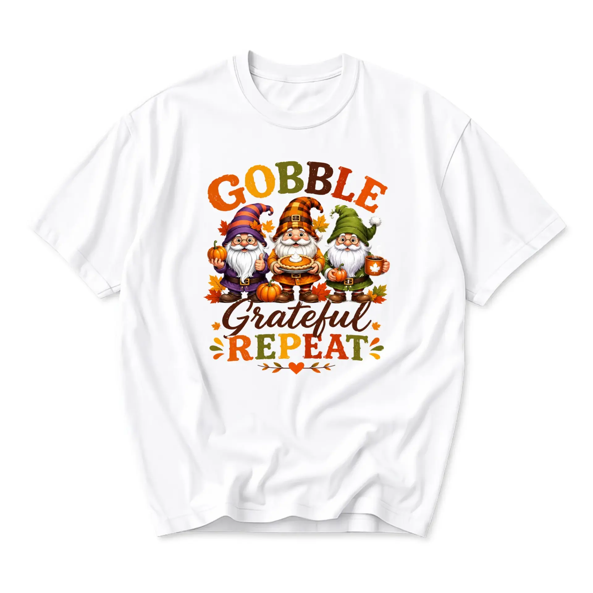 Funny Shirt Gobble Grateful Repeat Thanksgiving Gnome Graphic Tee Unisex Crew Neck Casual Everyday Holiday Apparel