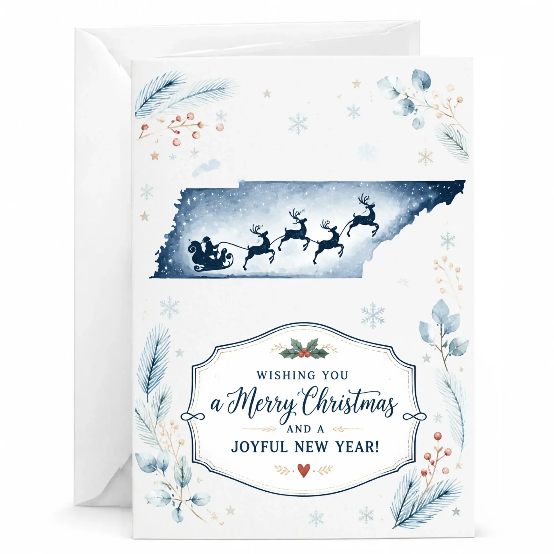 Greeting Card Holiday Season Theme Featuring Tennessee State Silhouette with Santa and Reindeer Illustration