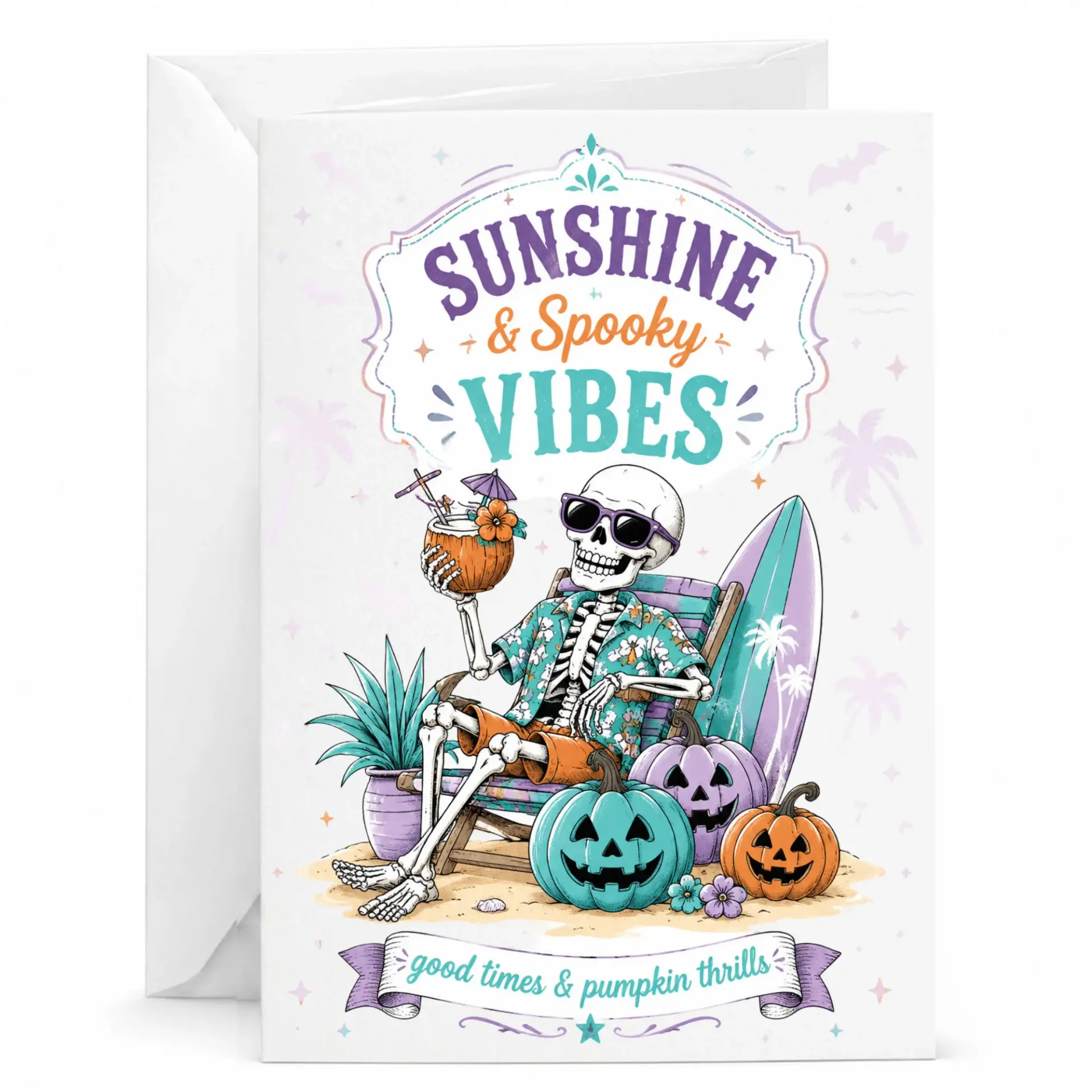 Funny Sunshine and Spooky Vibes Greeting Card with Envelope Whimsical Skeleton Tropical Halloween Design for All Occasions