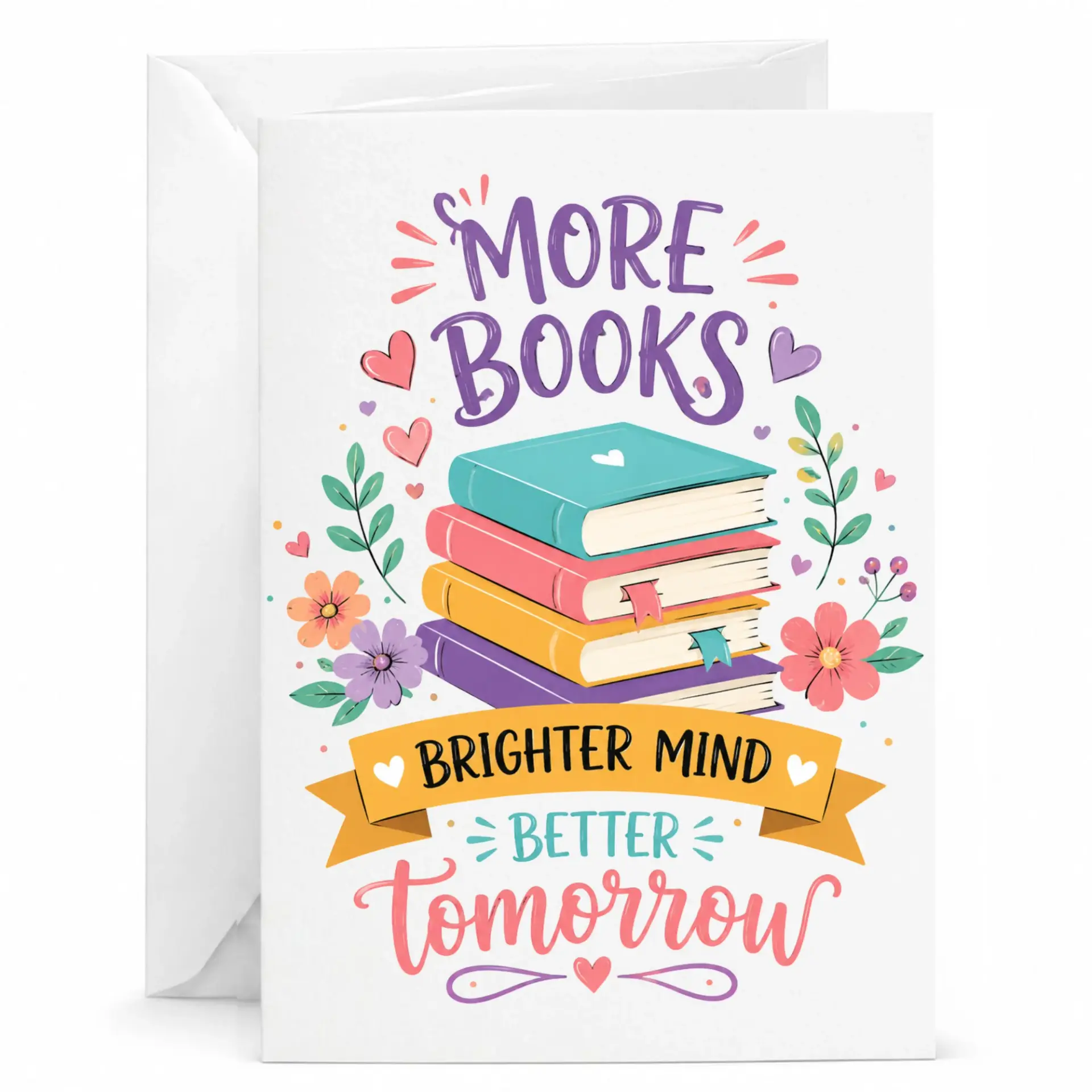 Funny Book Lover Greeting Card More Books Better Tomorrow Illustrated Stationary for Readers and Bibliophiles