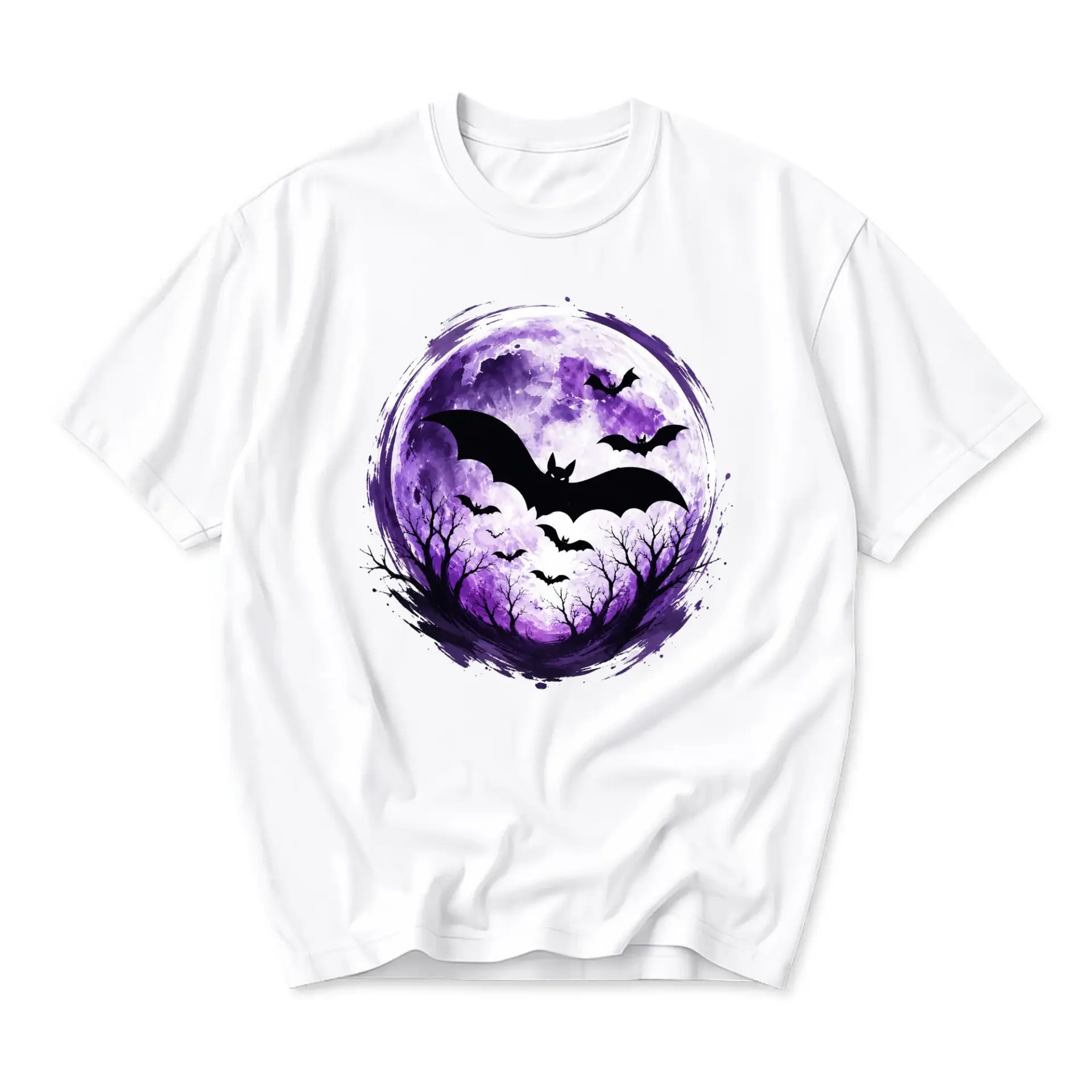 Graphic Tee Unisex Crew Neck T-Shirt Featuring Spooky Purple Moon Bat Night Scene Artistic Nature Illustration Design