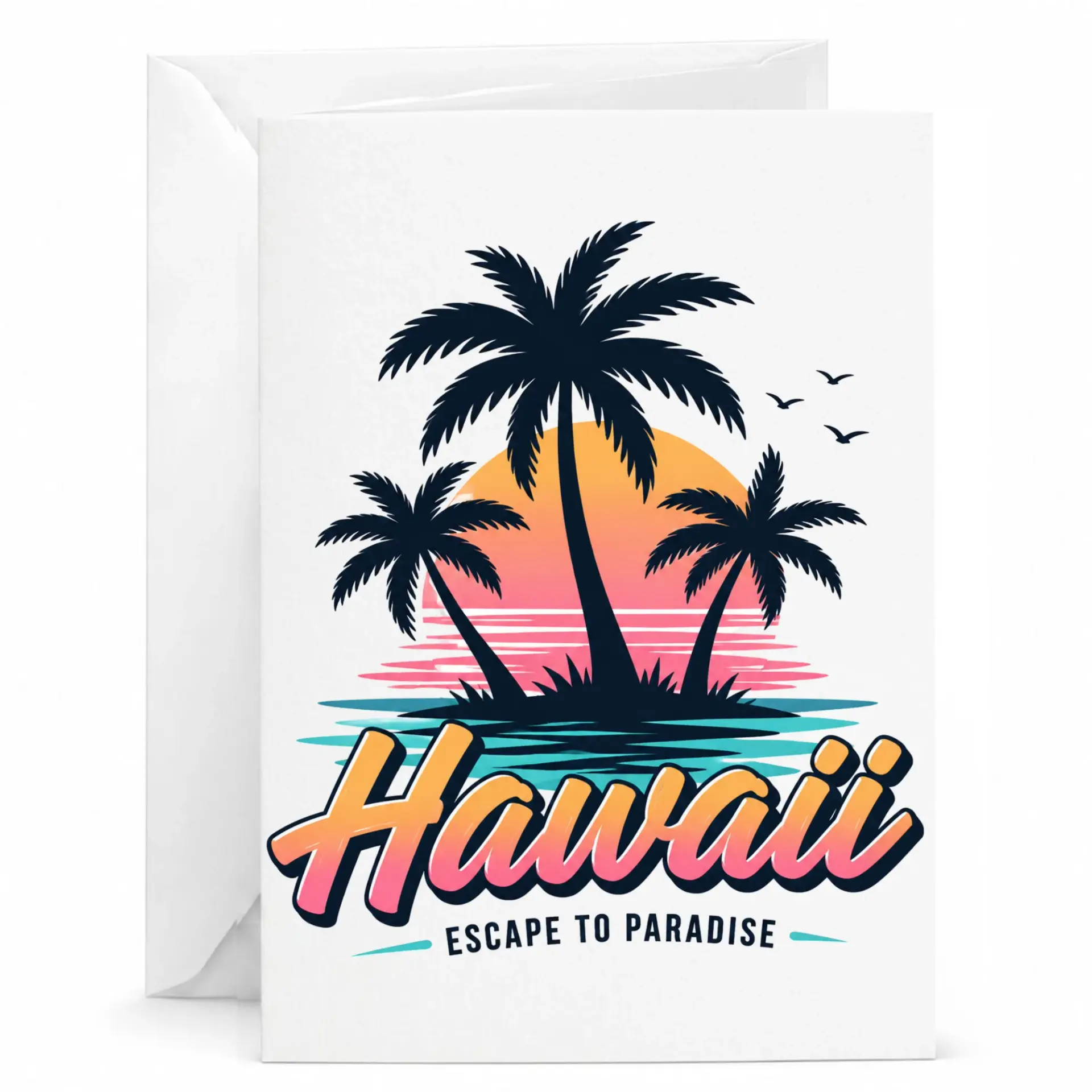 Greeting Card Hawaii Escape to Paradise Tropical Sunset Palm Trees Beach Vacation Theme Stationary Blank Note Card