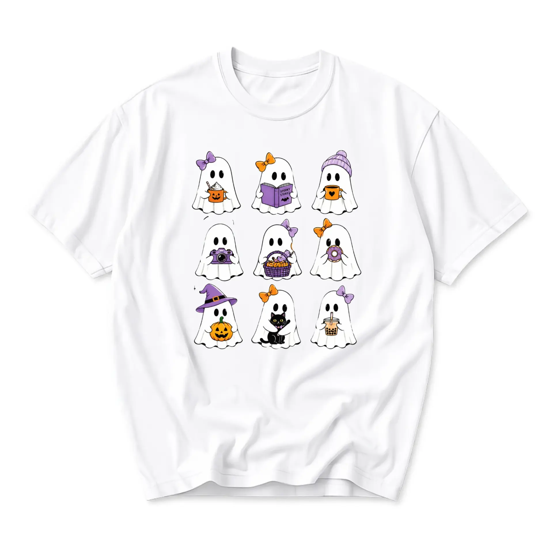 Graphic Tee Cute Ghosts Pattern Unisex Crew Neck Shirt Casual Fall Season Apparel for Everyday Wear and Gift Giving
