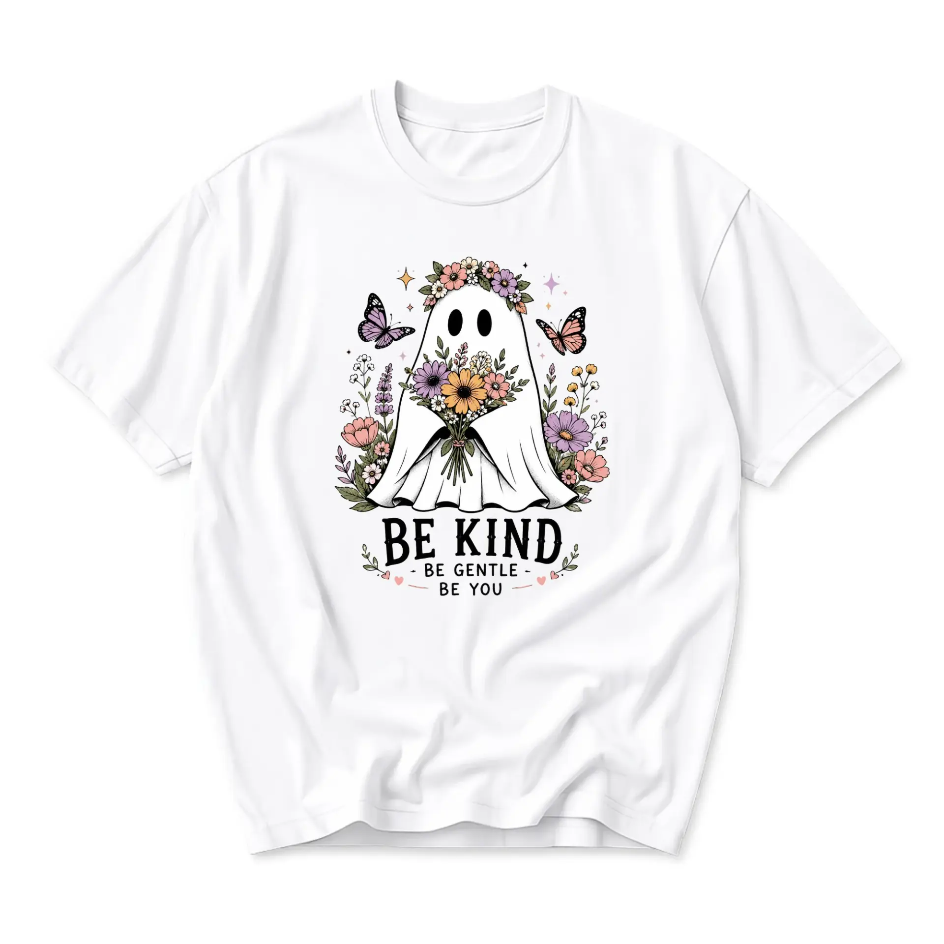 Graphic Tee Be Kind Be Gentle Be You Floral Ghost Unisex Short Sleeve Crew Neck Casual Everyday Apparel Shirt White