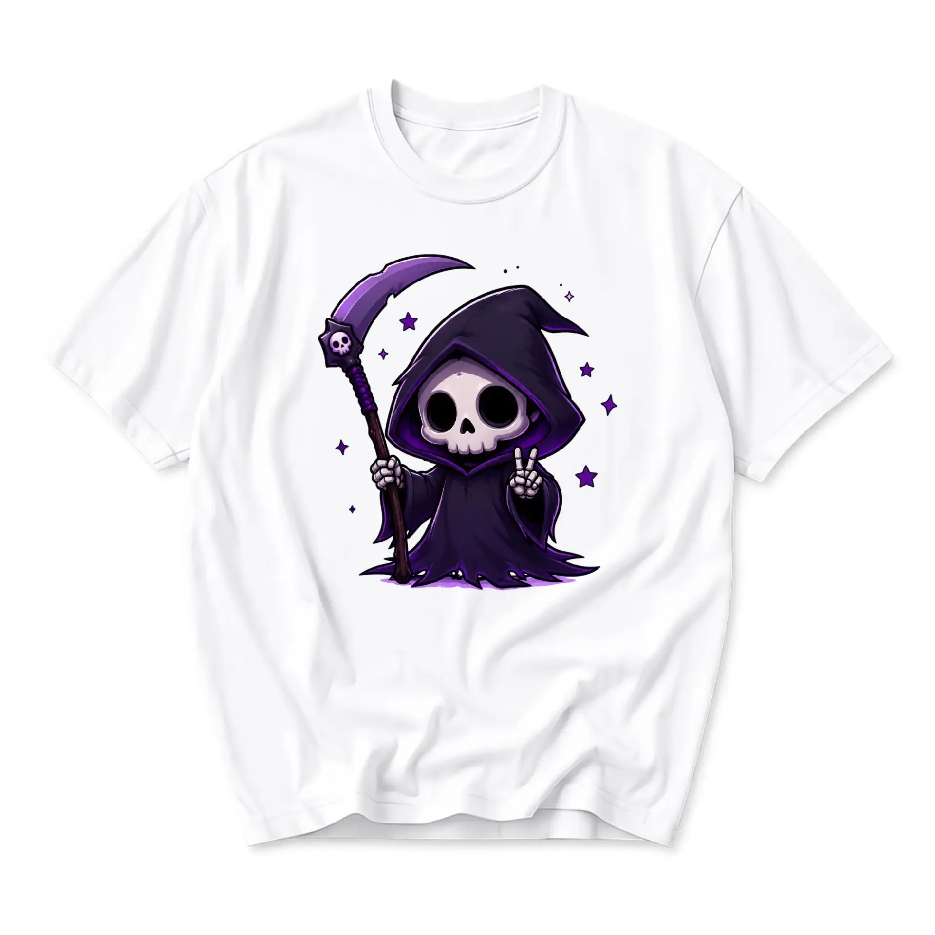 Graphic Tee Cute Grim Reaper Illustration Unisex Short Sleeve Crew Neck Casual Cotton Blend Apparel White Shirt