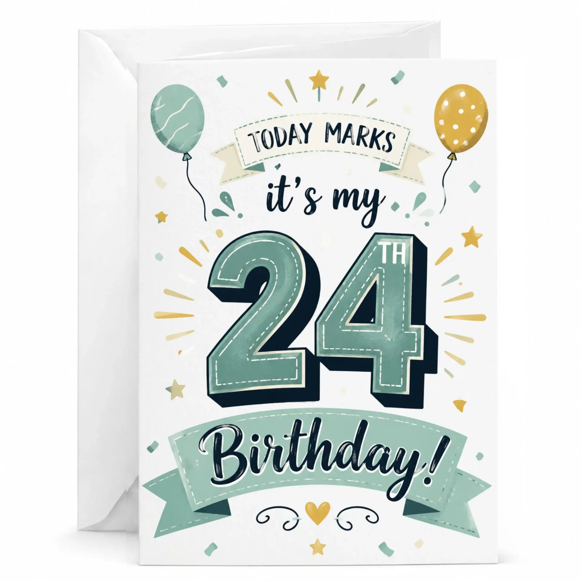 Birthday Card 24th Birthday Greeting Card for Milestone Celebration with Colorful Festive Design and White Envelope