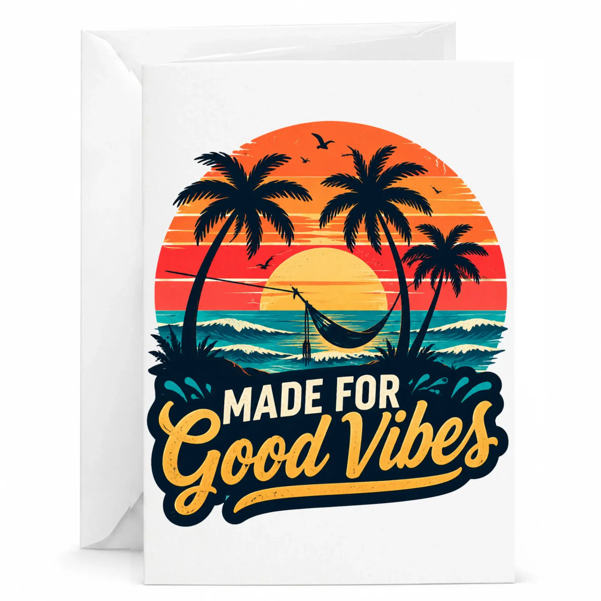 Greeting Card Made for Good Vibes Tropical Sunset Hammock Beach Design Stationery for Personal Notes 5x7 Inches