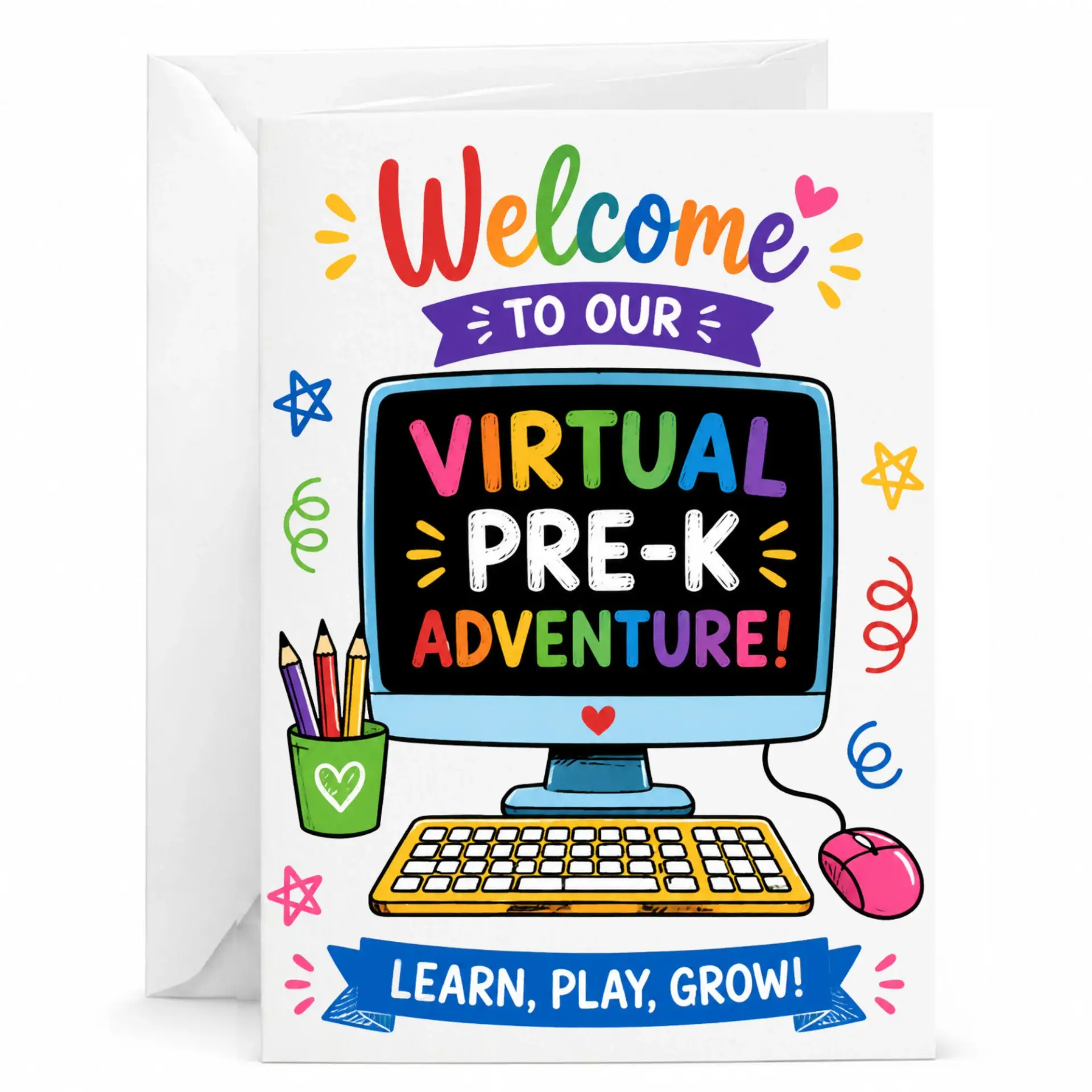 Greeting Card Welcome to Our Virtual Pre-K Adventure Featuring Colorful Computer and School Supplies Design