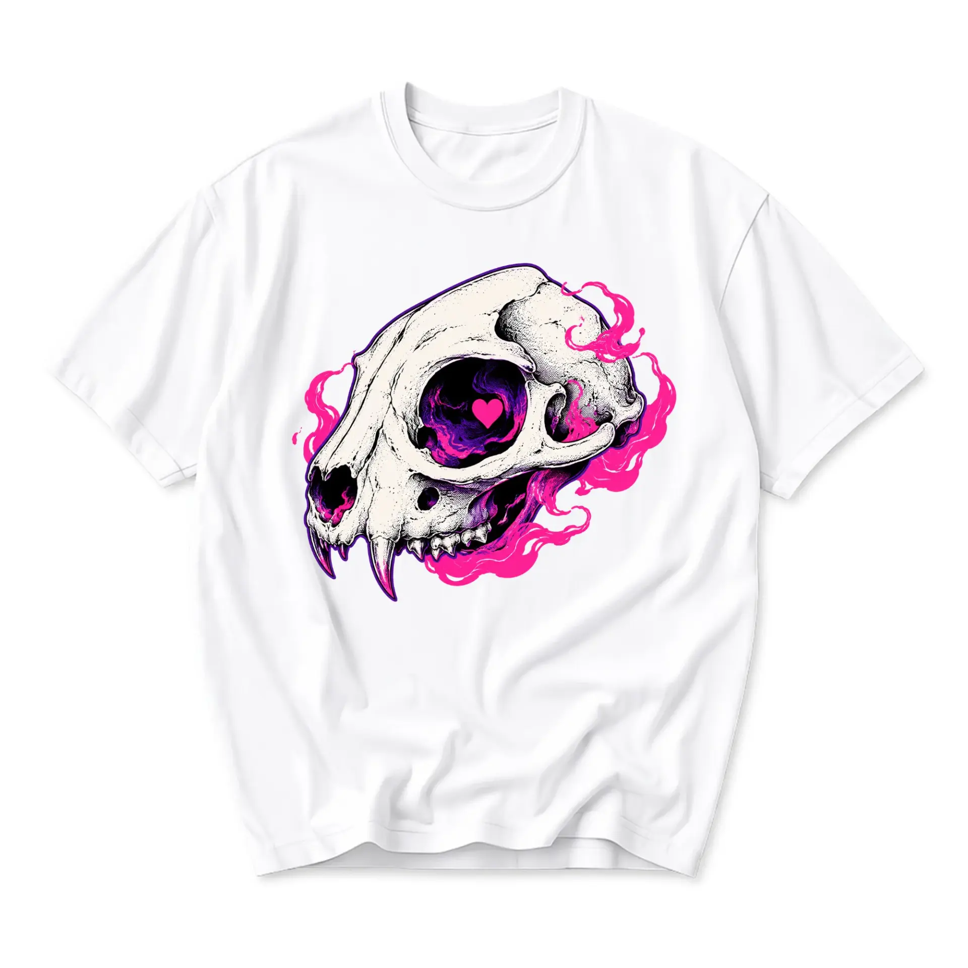 Graphic Tee Unisex Crew Neck T-Shirt with Artistic Feline Skull and Pink Smoke Illustration for Casual Everyday Style
