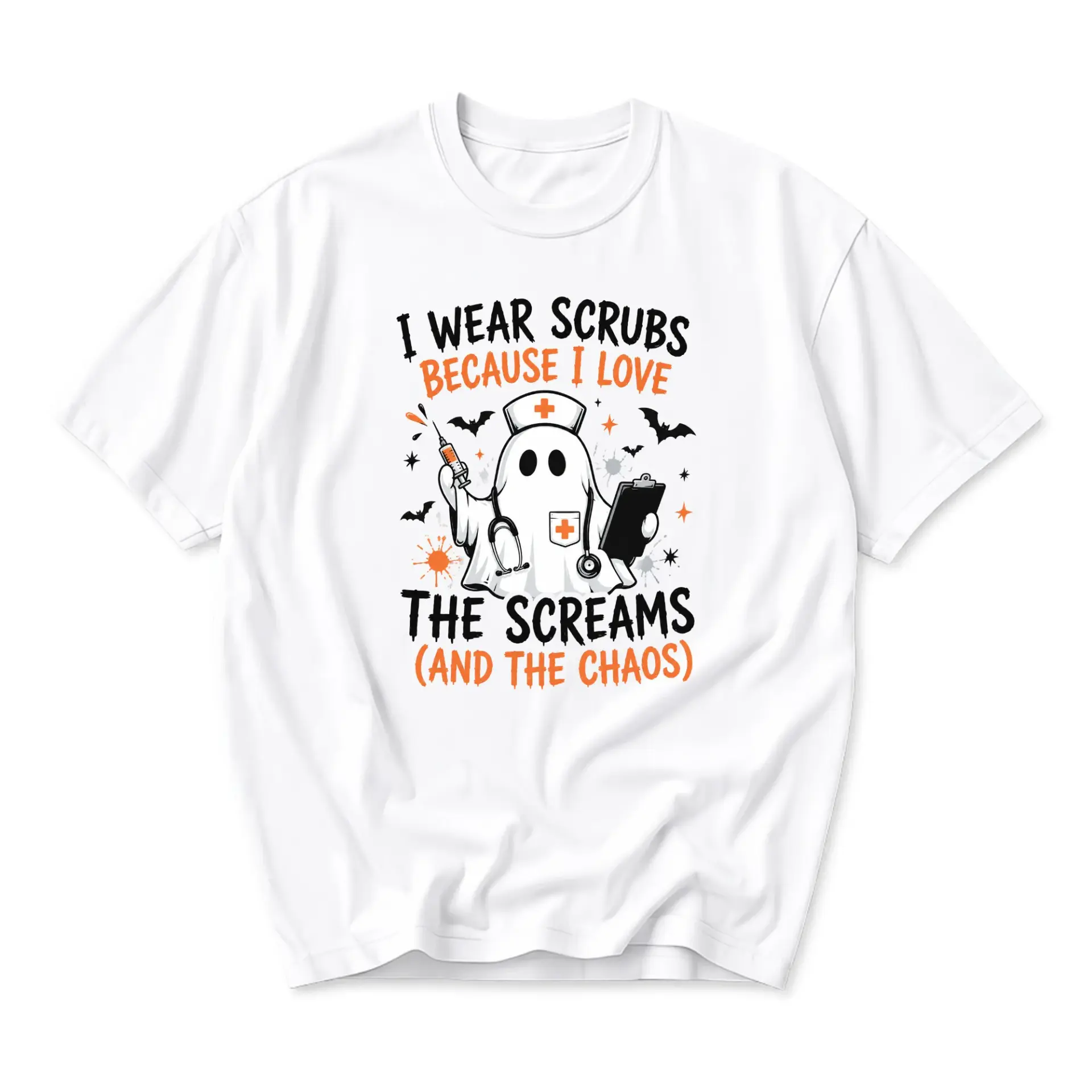 Funny Shirt I Wear Scrubs Because I Love the Screams and the Chaos Ghost Nurse Graphic Tee Unisex Crew Neck