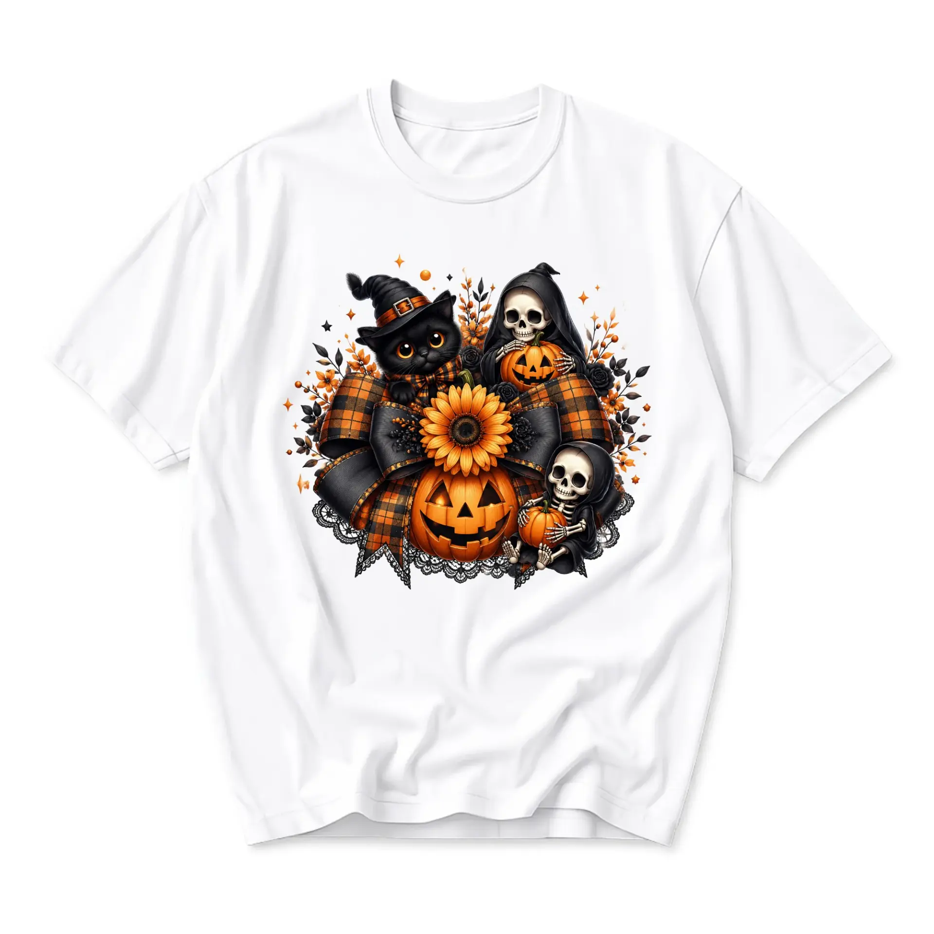 Graphic Tee Unisex Crew Neck T-Shirt Featuring Spooky Halloween Cat Skeleton and Pumpkin Fall Harvest Illustration