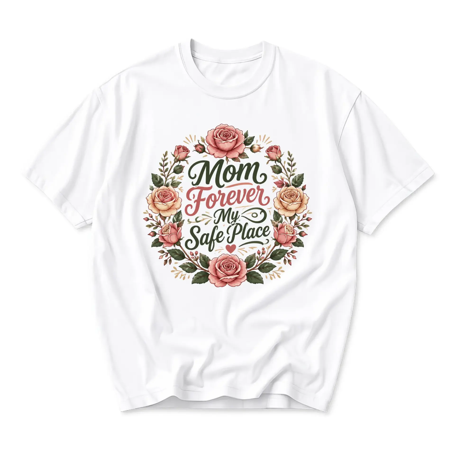 Graphic Tee Mom Forever My Safe Place Floral Illustration White Cotton Crew Neck Unisex Casual Short Sleeve Shirt