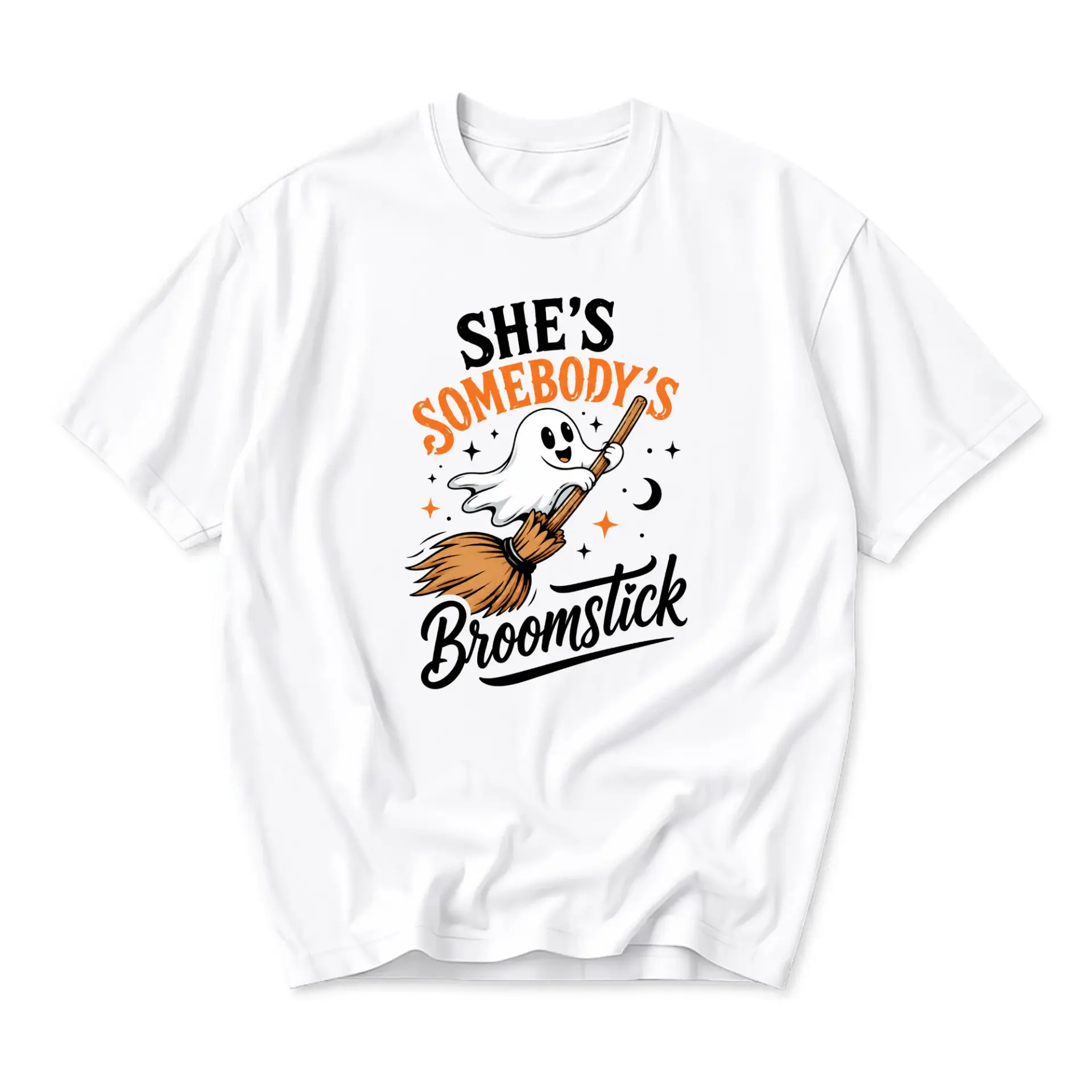 Funny Shirt She Is Somebody Is Broomstick Graphic Tee Retro Ghost Riding Broom Halloween Spooky Season Unisex Crew Neck