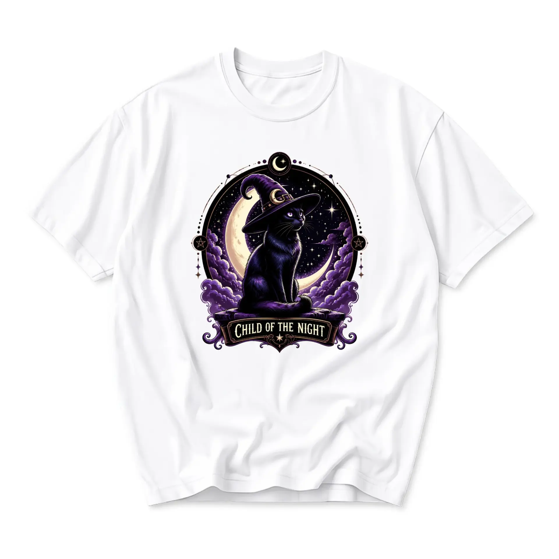 Graphic Tee Child of the Night Witchy Black Cat Celestial Moon Design Unisex Crew Neck Casual Everyday Shirt