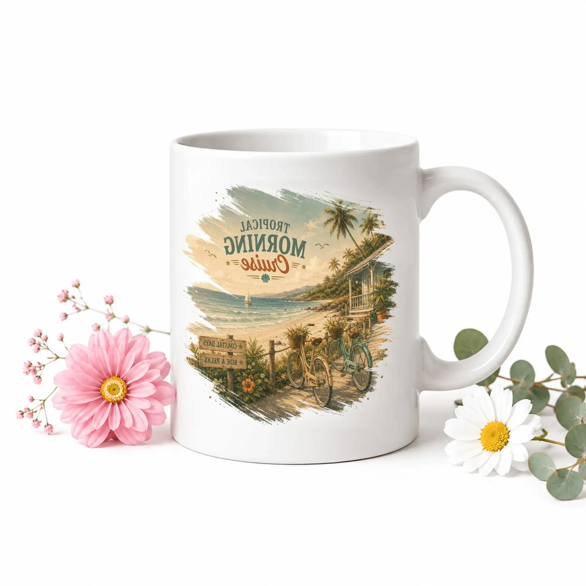Tropical Morning Cruise Ceramic Coffee Mug with Blue Handle Artistic Beachside Vacation Themed Drinkware Gift