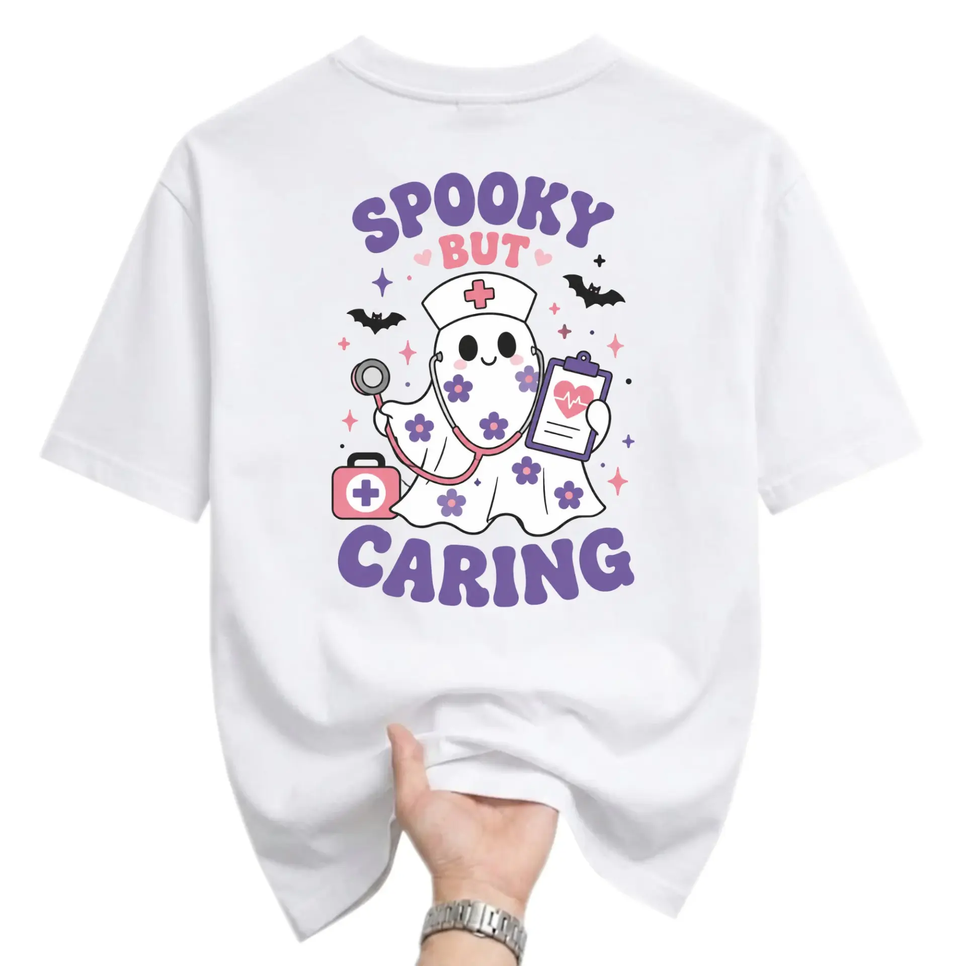Funny Shirt Spooky but Caring Ghost Nurse Graphic Tee Retro Style Unisex Crew Neck Casual Everyday Wear Soft Cotton