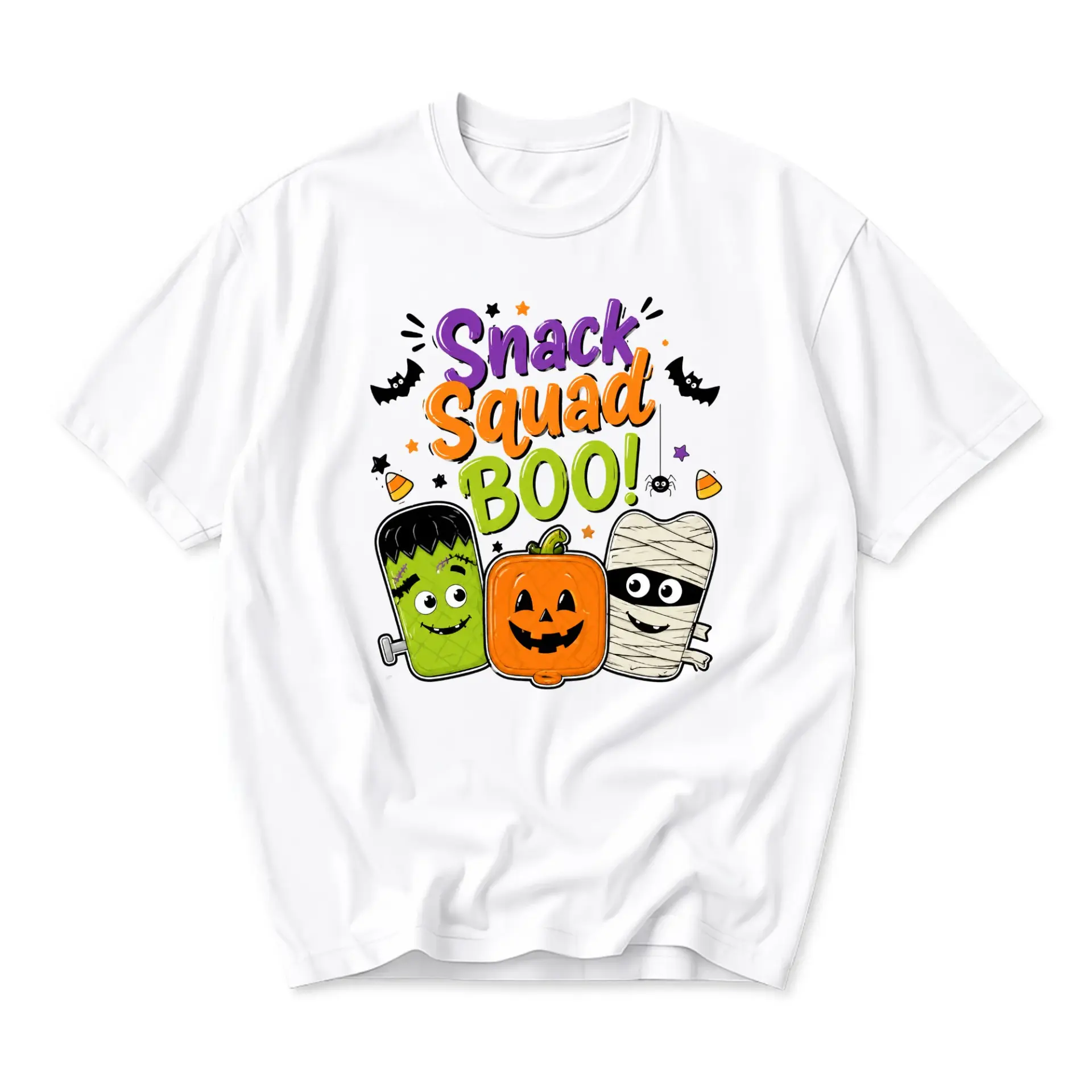 Graphic Tee Snack Squad Boo Halloween Shirt Funny Character Art Unisex Casual Crew Neck Comfortable Cotton Blend Top