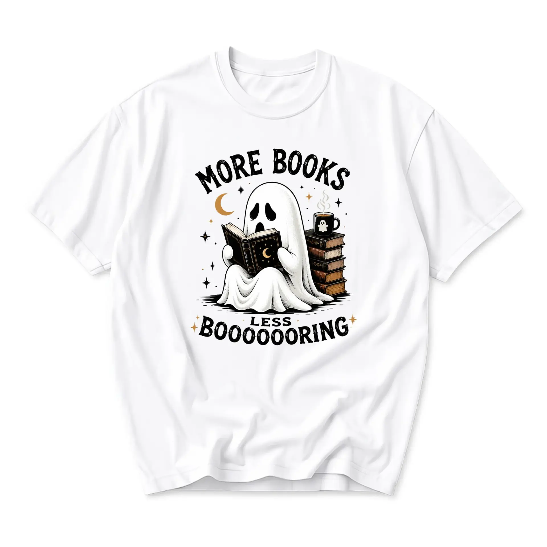 Funny Shirt More Books Less Booooooring Graphic Tee Unisex Crew Neck Casual Cotton Blend Short Sleeve Apparel