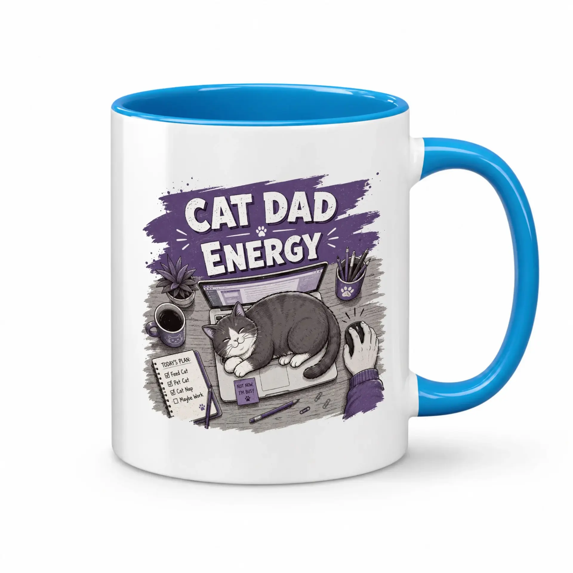 Funny Cat Dad Energy Coffee Mug with Cute Pet Illustration and Blue Handle for Lovers Office Desk Decor