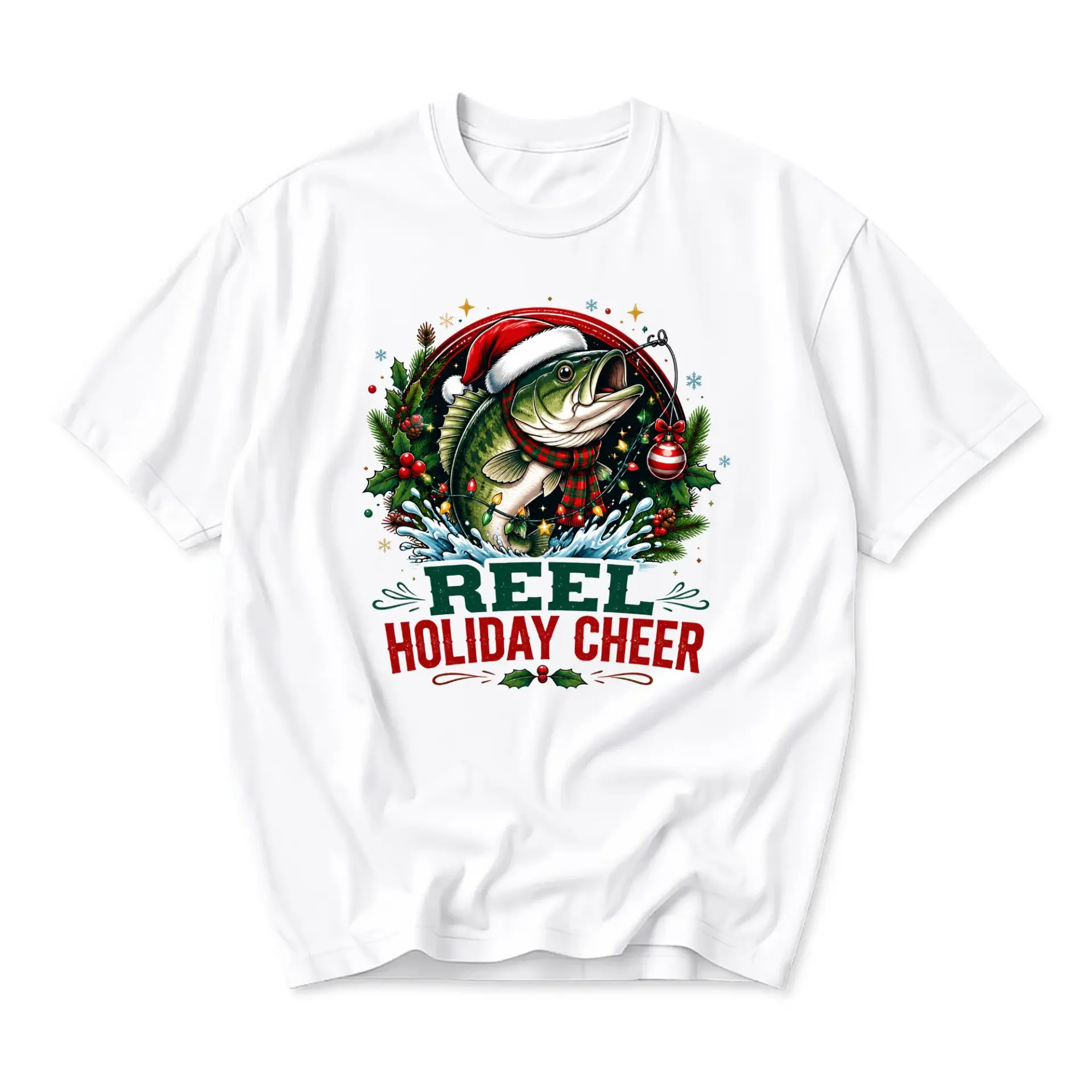 Graphic Tee Reel Holiday Cheer Fish Fishing Seasonal Apparel Unisex Casual Short Sleeve Crew Neck Shirt