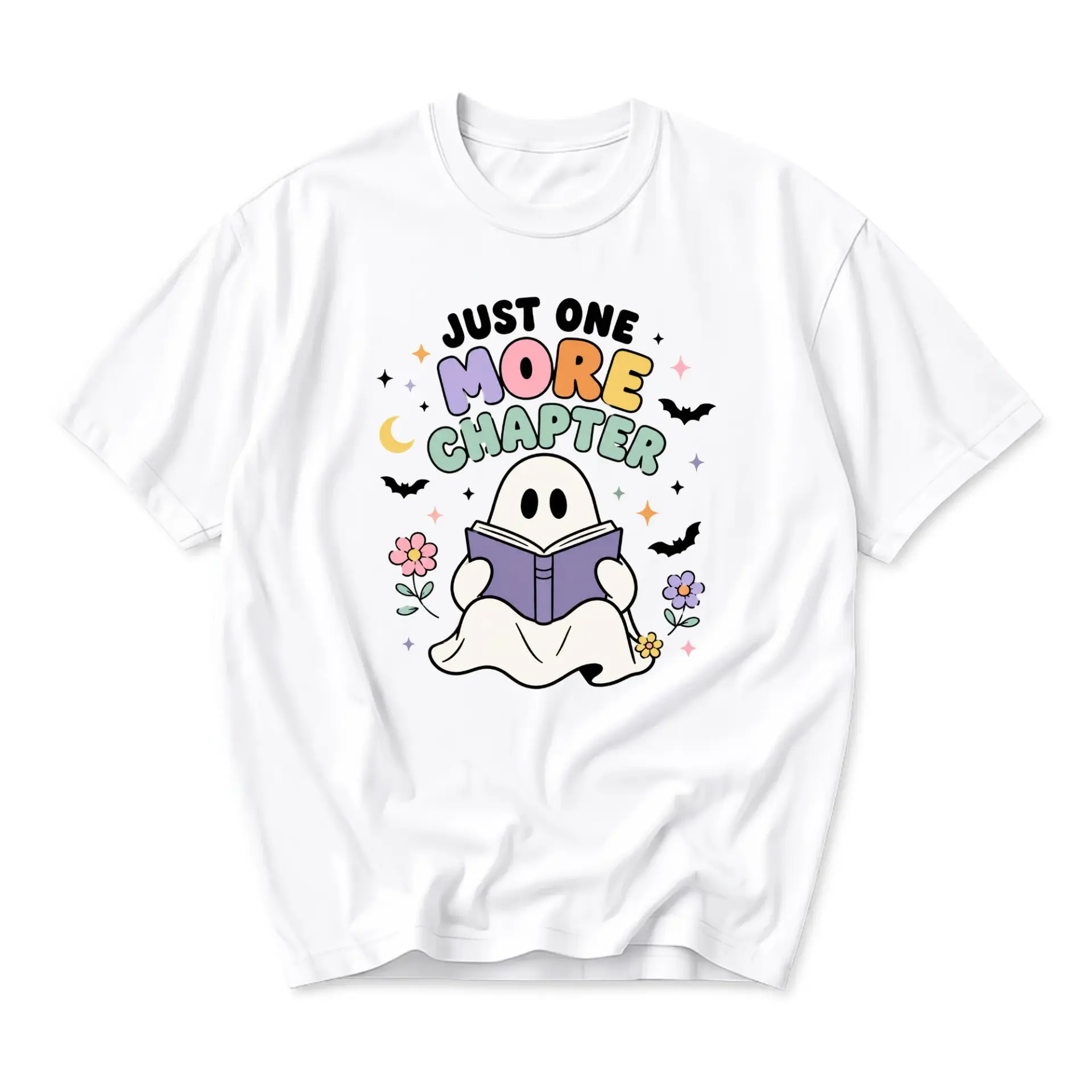 Graphic Tee Just One More Chapter Cute Ghost Reading Book Design Unisex Crew Neck Soft Cotton Casual Apparel White