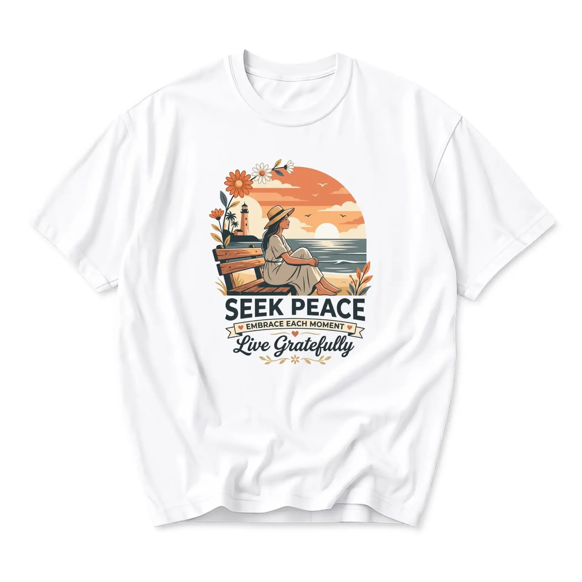Graphic Tee Seek Peace Live Gratefully Nature Illustration Unisex Crew Neck Soft Cotton Casual Apparel Summer Shirt