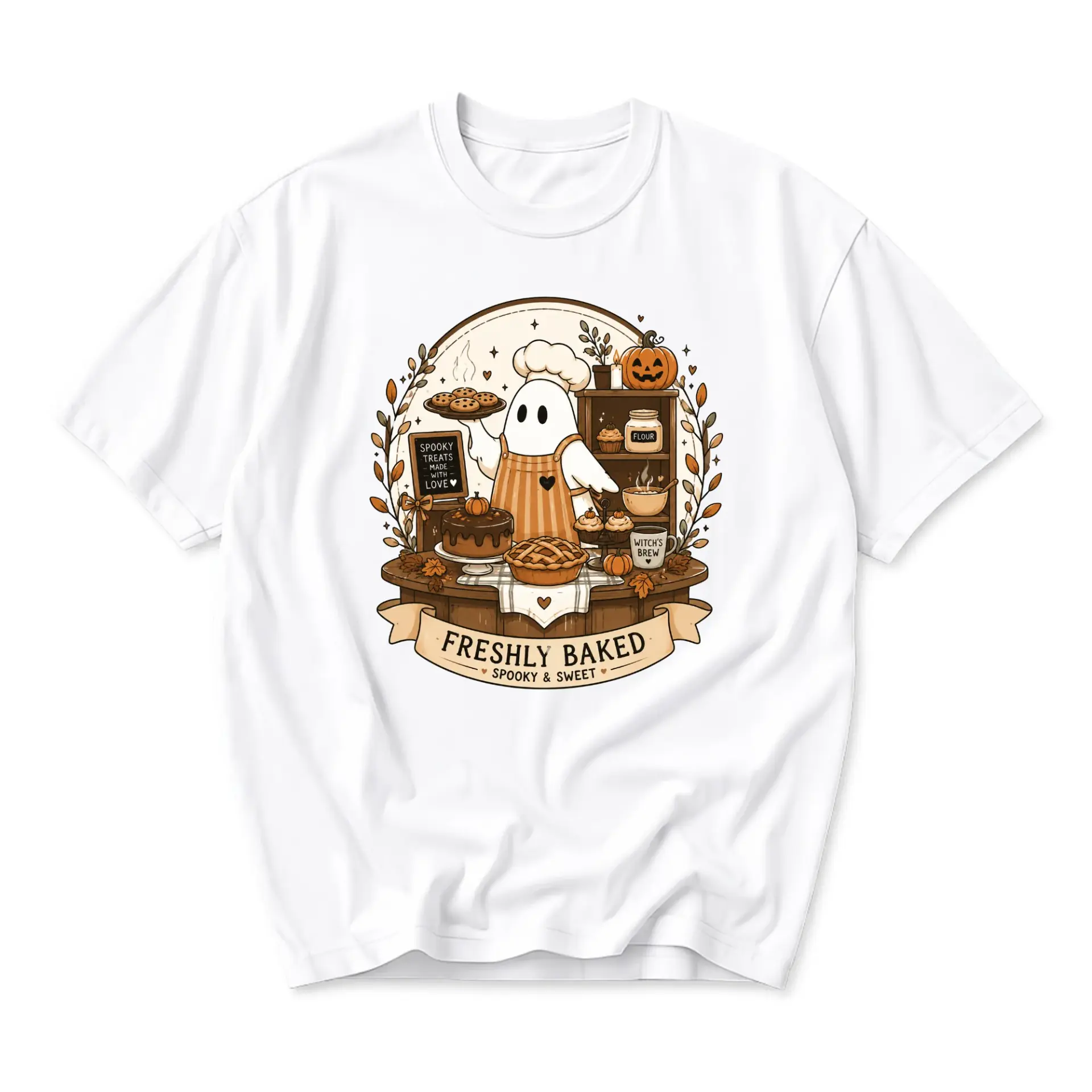 Graphic Tee Freshly Baked Spooky and Sweet Ghost Baker Unisex Crew Neck Casual Everyday Short Sleeve Cotton T-Shirt
