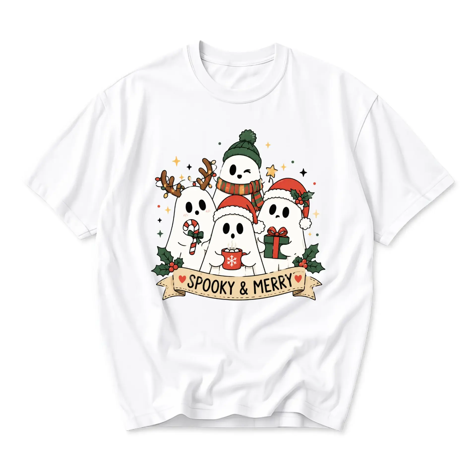 Funny Shirt Spooky and Merry Ghost Graphic Tee Unisex Crew Neck Casual Holiday Winter Theme Cotton Blend Top Apparel