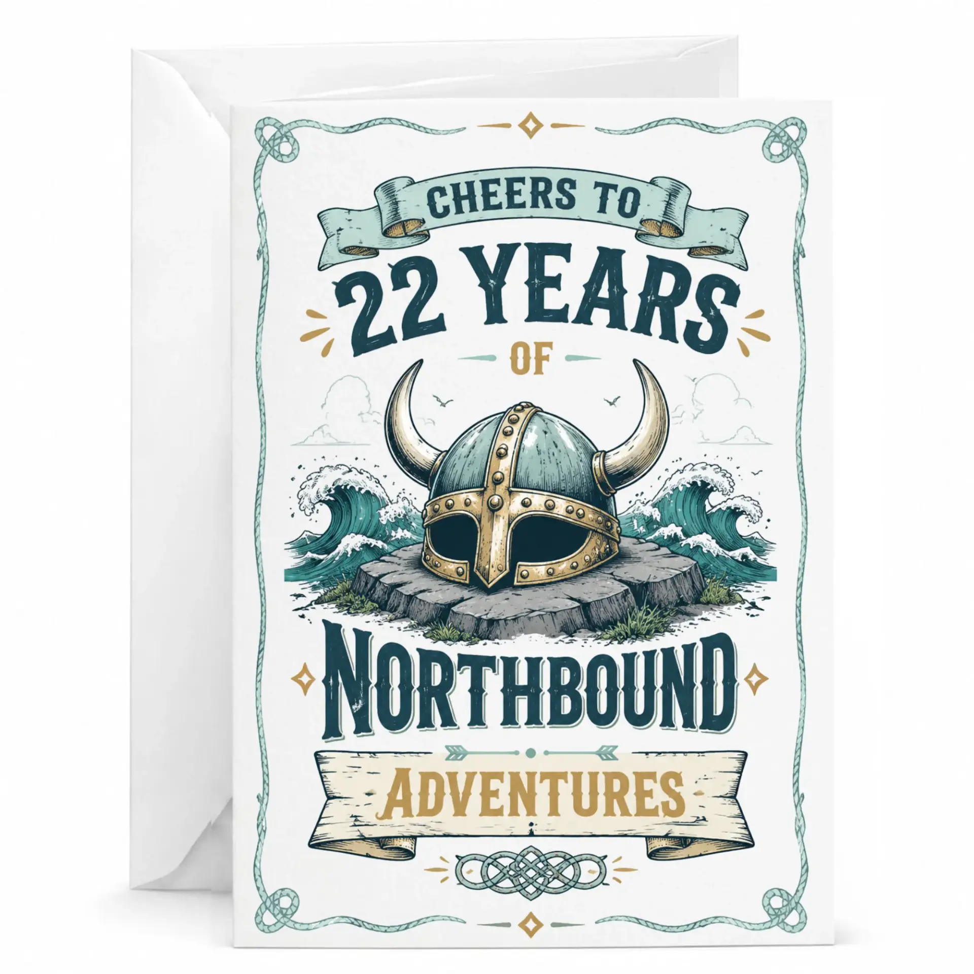Greeting Card 22nd Anniversary Viking Helmet Illustration for Milestone Celebration and Adventure Themed Wishes