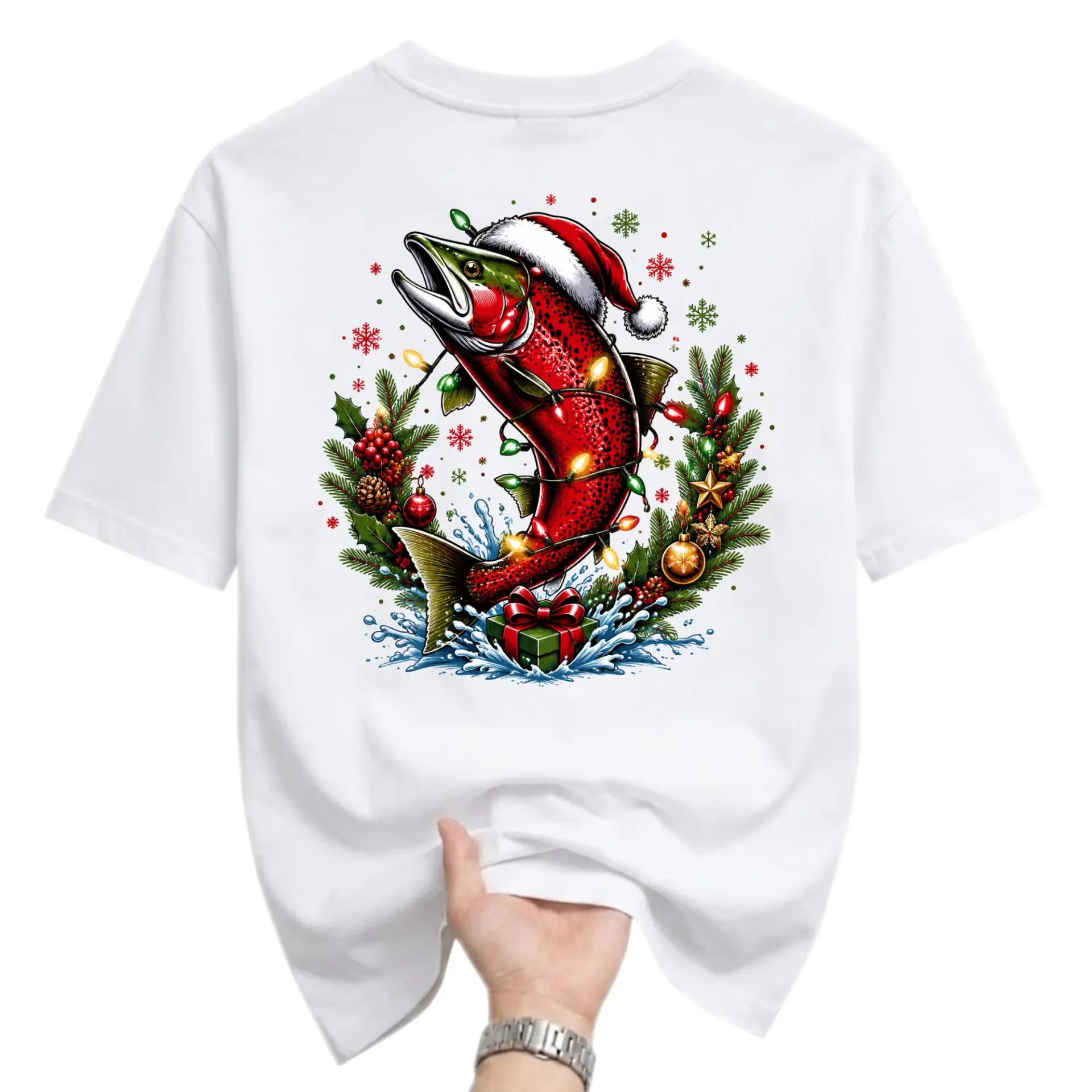 Graphic Tee Christmas Fishing Holiday Shirt Unisex Crew Neck Short Sleeve