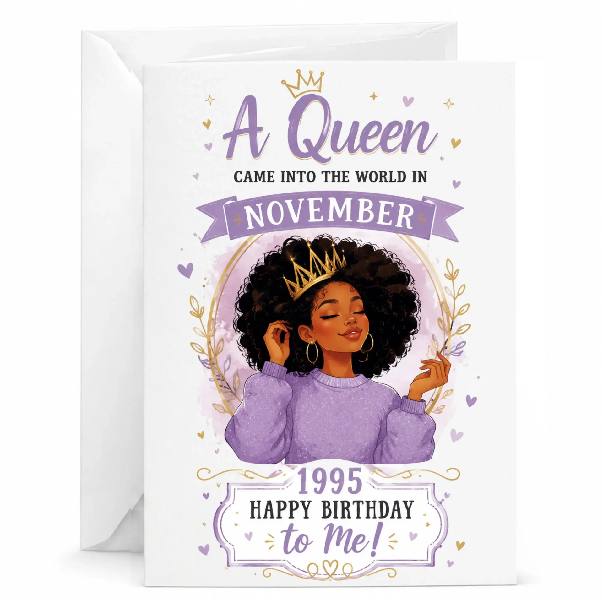 Birthday Card Queen Born in November 1995 Elegant Illustration Greeting Card for Her with Matching White Envelope