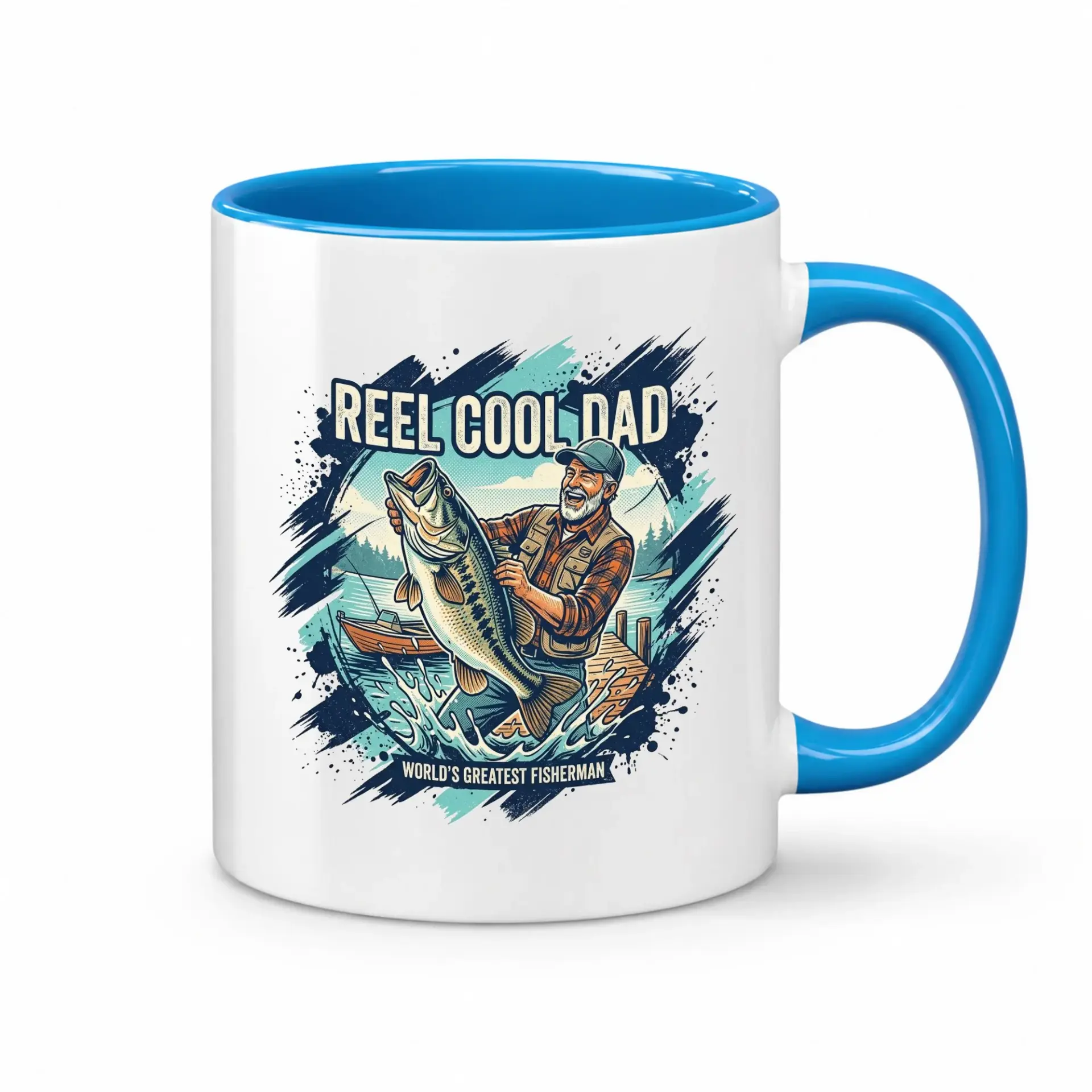 Reel Cool Dad Ceramic Coffee Mug Featuring a Fisherman Holding a Large Design with Vibrant Blue Handle and Rim