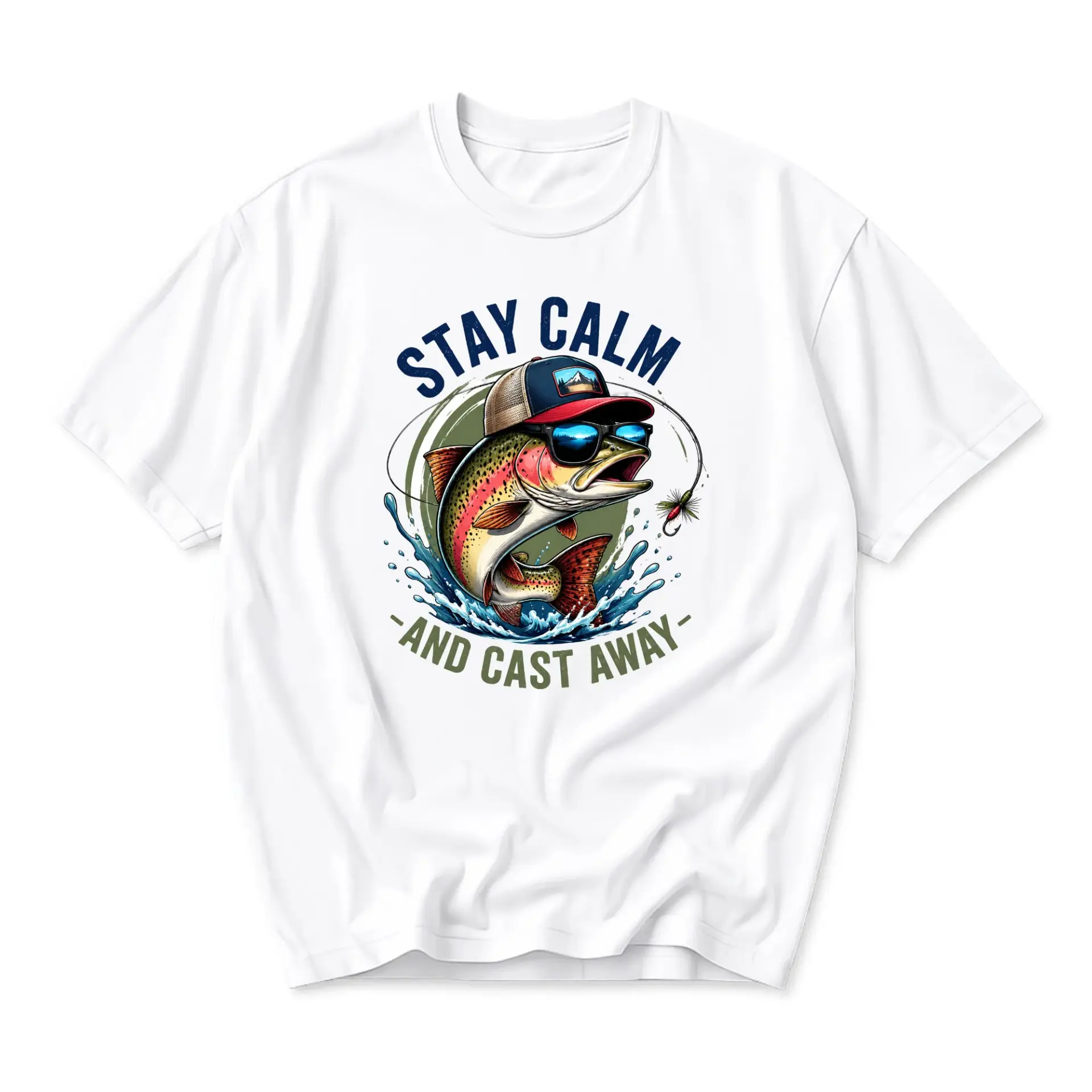 Graphic Tee Unisex Short Sleeve Crew Neck Shirt Featuring Cool Fish Wearing Sunglasses and Hat Fishing Design