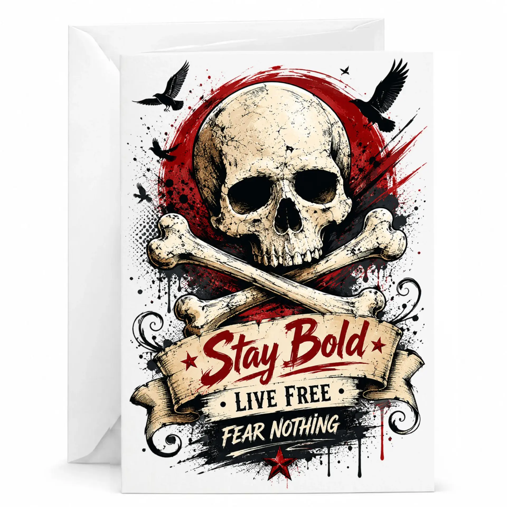 Greeting Card with Skull and Crossbones Design Featuring Stay Bold Live Fear Inspirational Typography