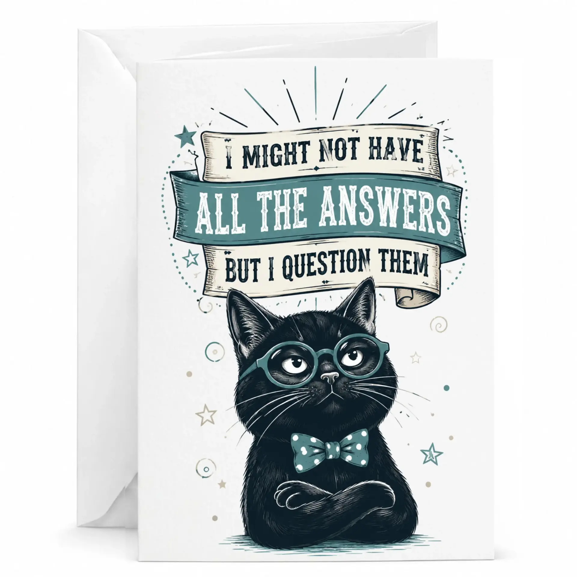 Funny Cat Greeting Card with Envelope, Humorous Black Kitten Wearing Glasses and Bow Tie, Sarcastic Quote Stationery for Friends