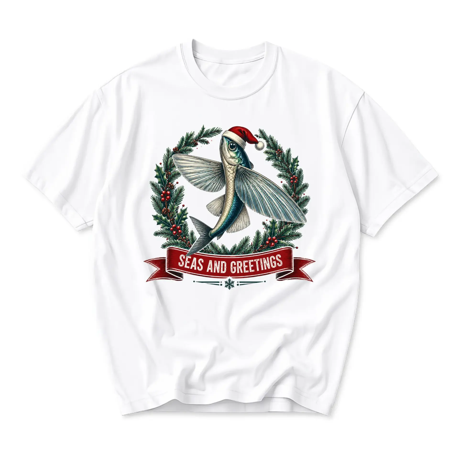 Funny Shirt Seas and Greetings Flying Fish Holiday Graphic Tee Seasonal Pun Crew Neck Casual Unisex Cotton Top