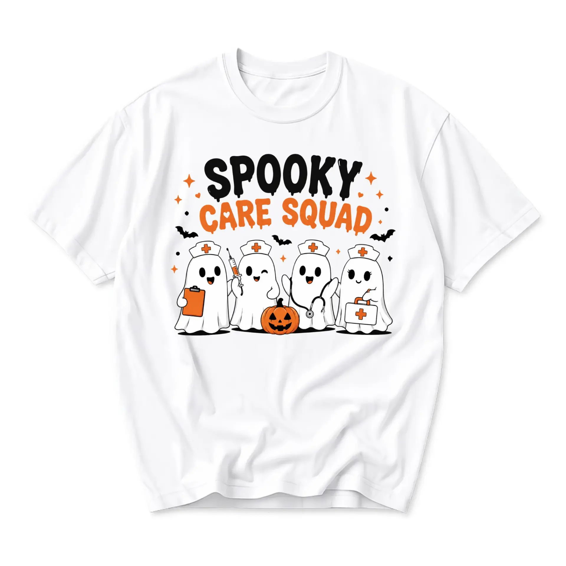 T-shirt Spooky Care Squad Nurse Ghost Graphic Tee Casual Unisex Crew Neck Top for Halloween Enthusiasts and Professionals