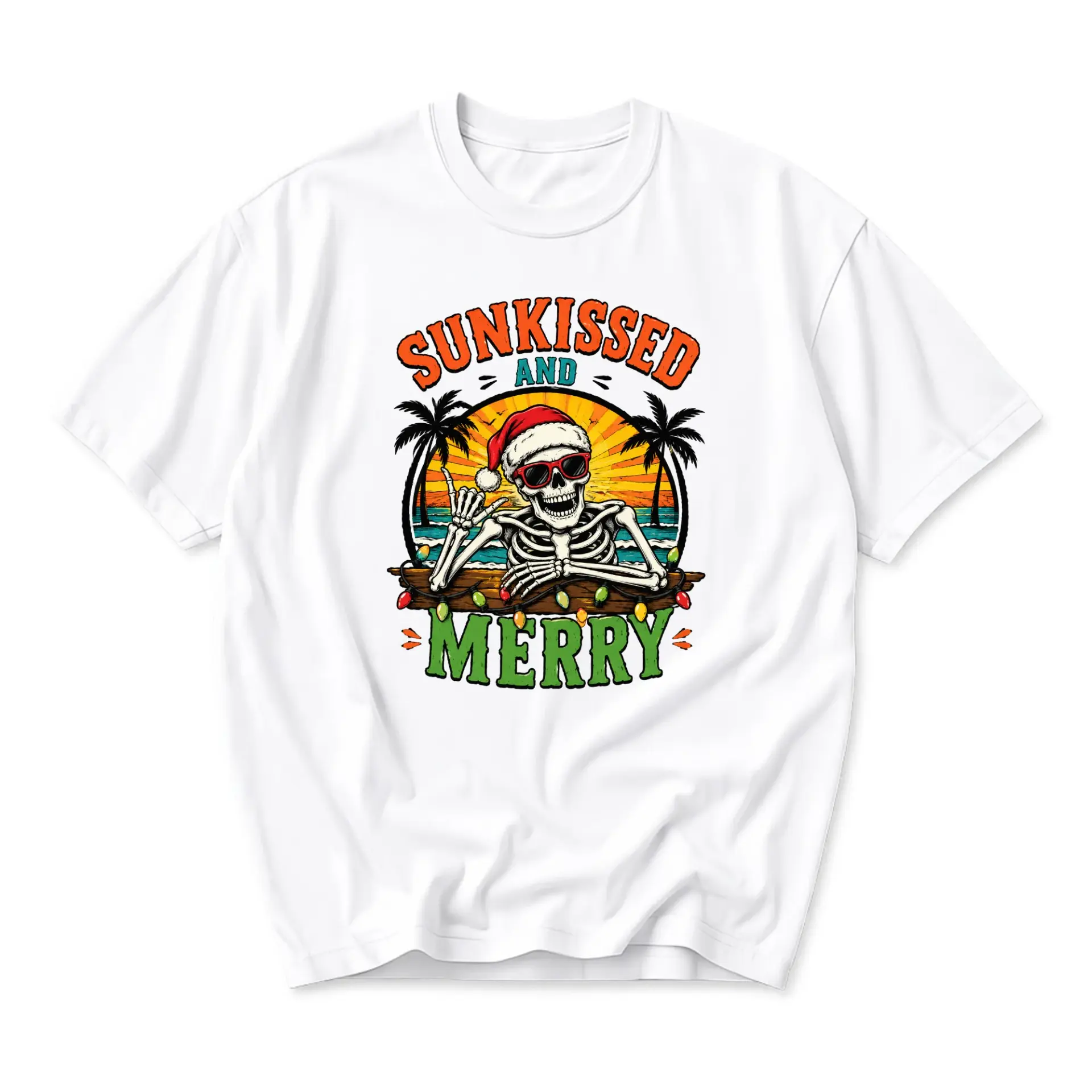 Funny Shirt Sunkissed and Merry Tropical Skeleton Christmas Unisex Graphic Printed T-Shirt Casual Everyday Apparel