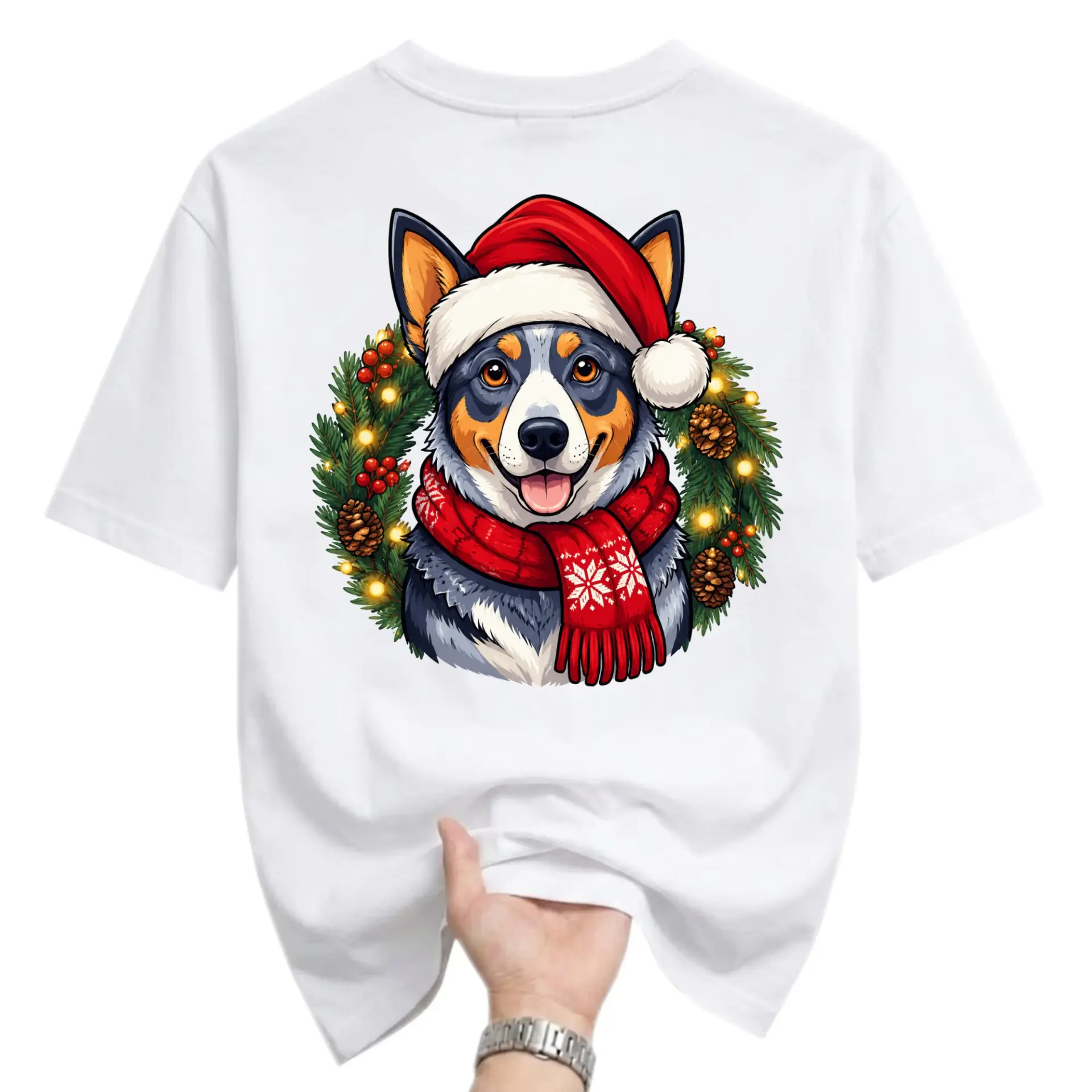 Graphic Tee Featuring a Festive Wearing a Santa Hat and Red Scarf for