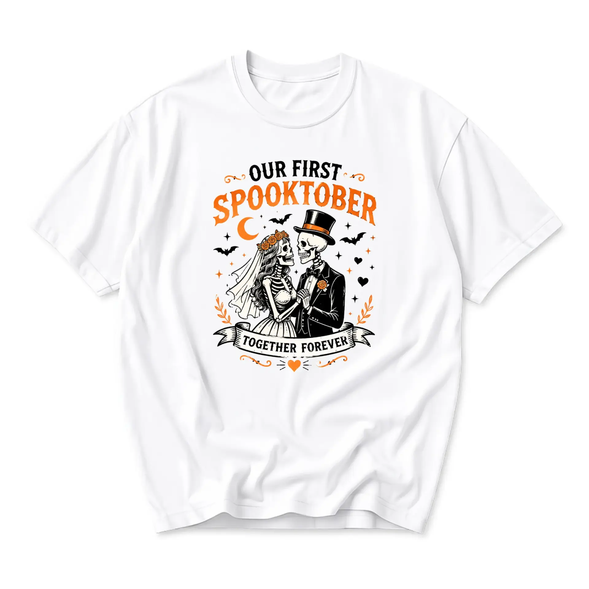 Graphic Tee Our First Spooktober Together Forever Skeleton Wedding Couple Design Unisex Crew Neck Casual T-Shirt