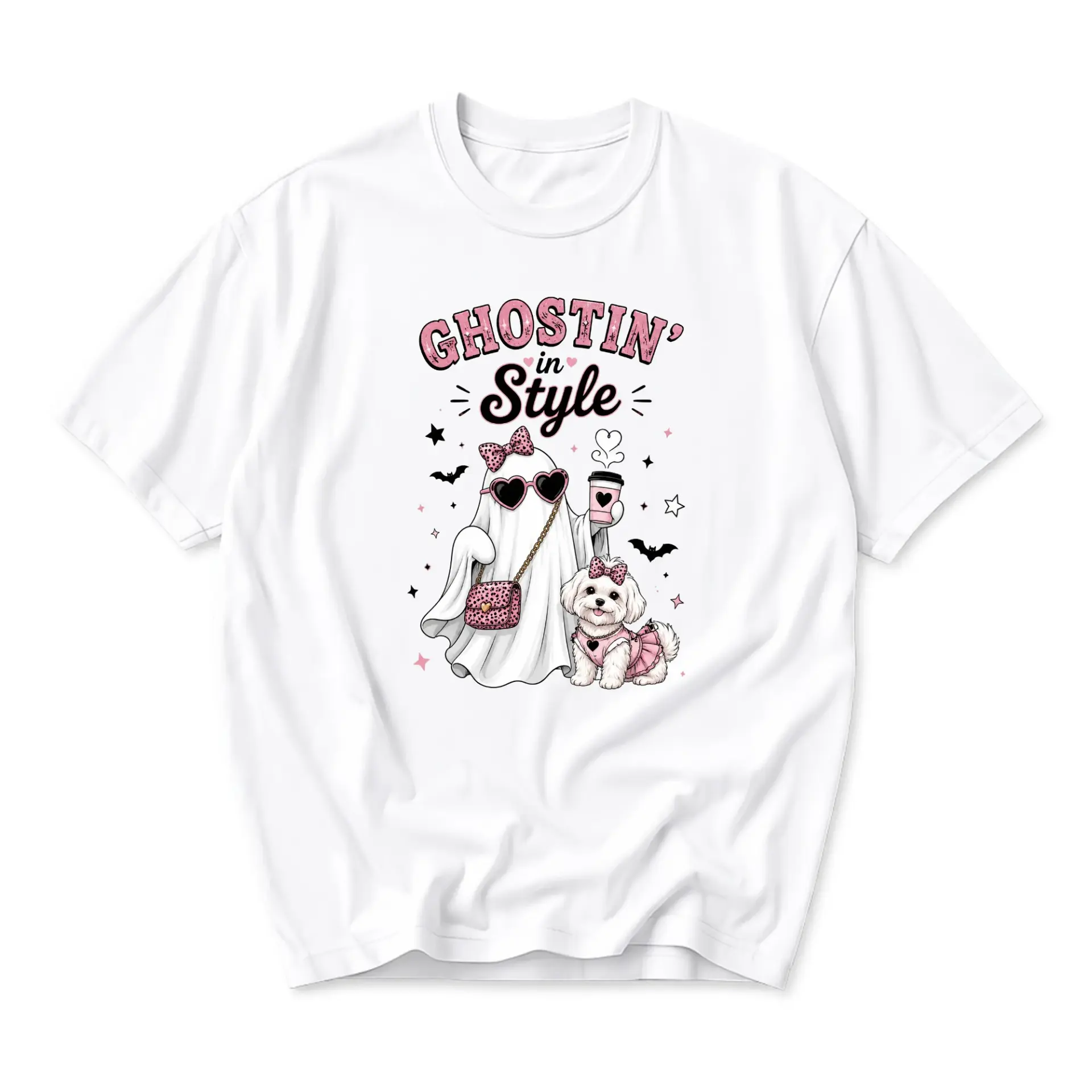 Graphic Tee Unisex Crew Neck T-Shirt Featuring a Trendy Ghost Character with Pet Dog in Pink Aesthetic Fashion Design
