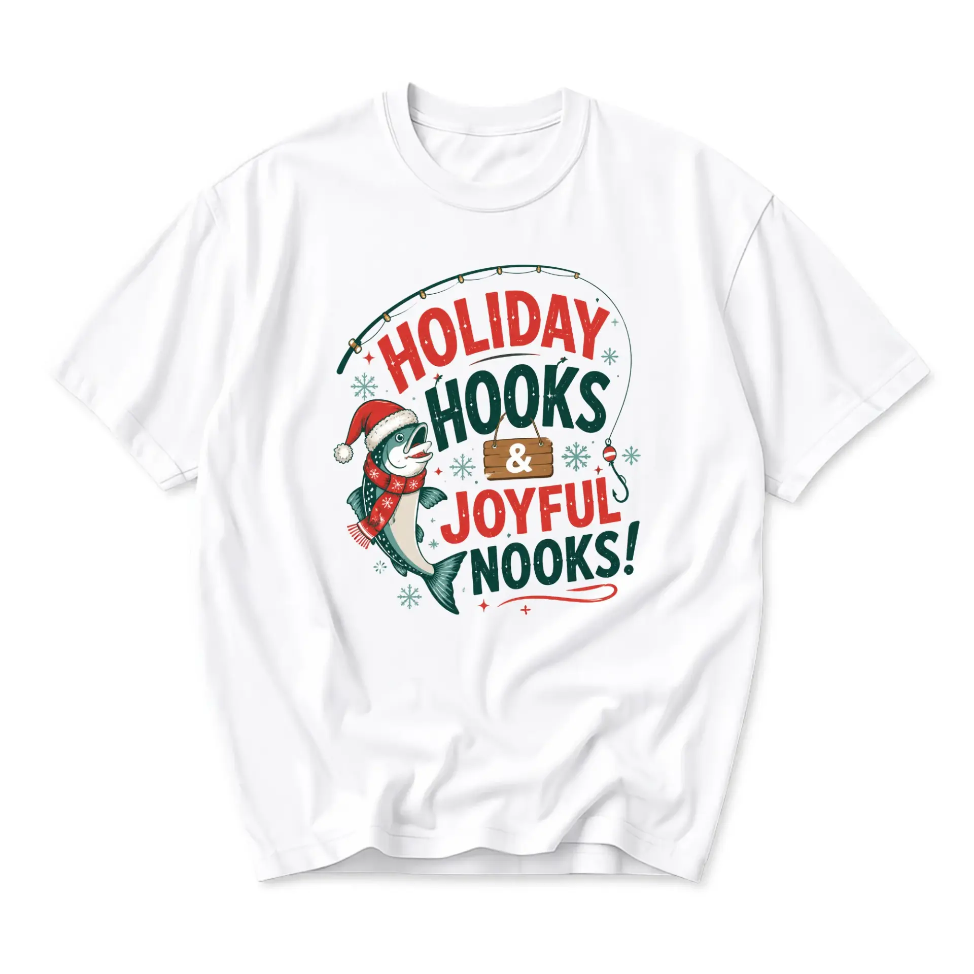 Funny Shirt Holiday Hooks and Joyful Nooks Fishing Graphic Tee Unisex Casual Crew Neck Themed Cotton Apparel