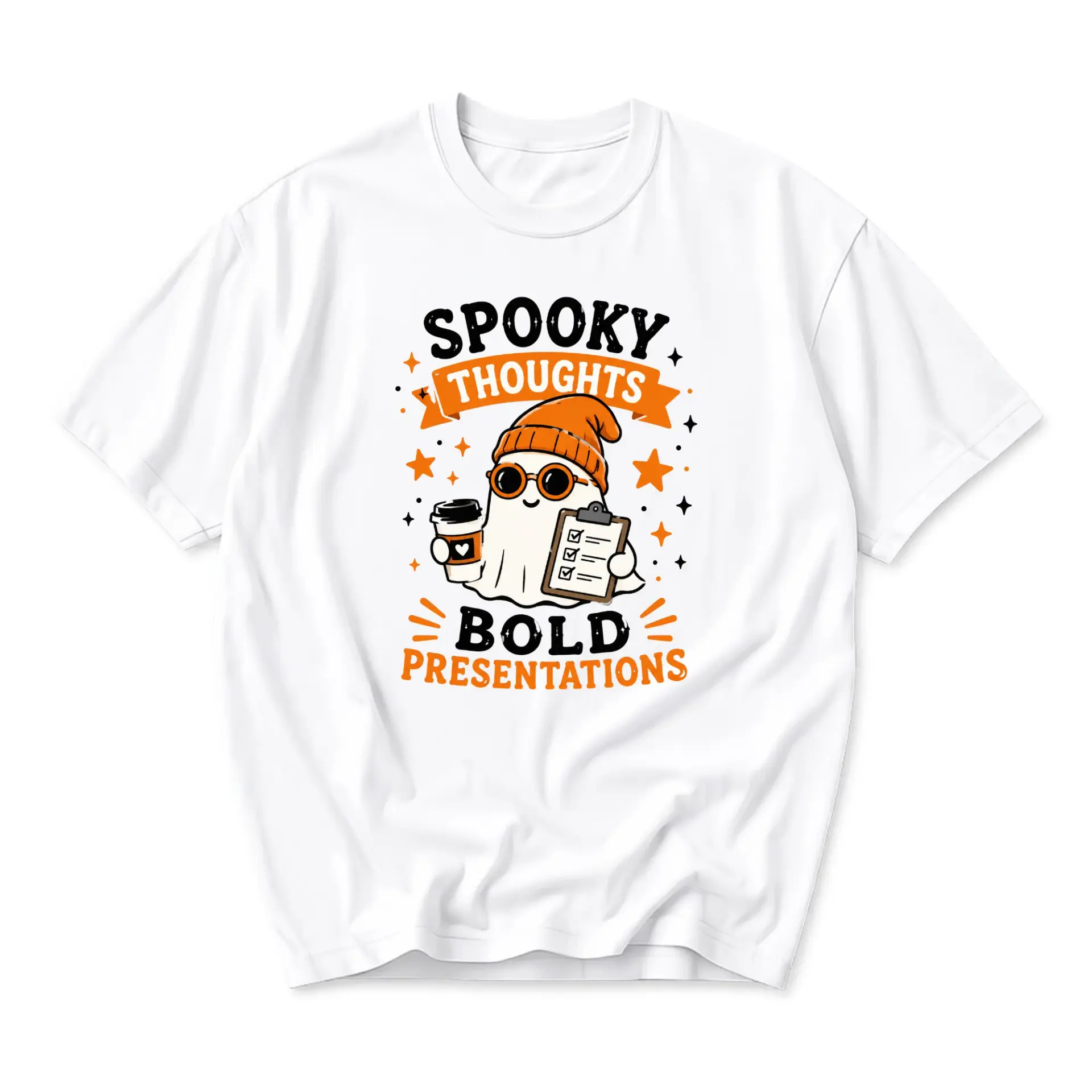 Graphic Tee Spooky Thoughts Bold Presentations Cute Ghost Wearing Beanie Holding Coffee and Checklist Unisex Shirt