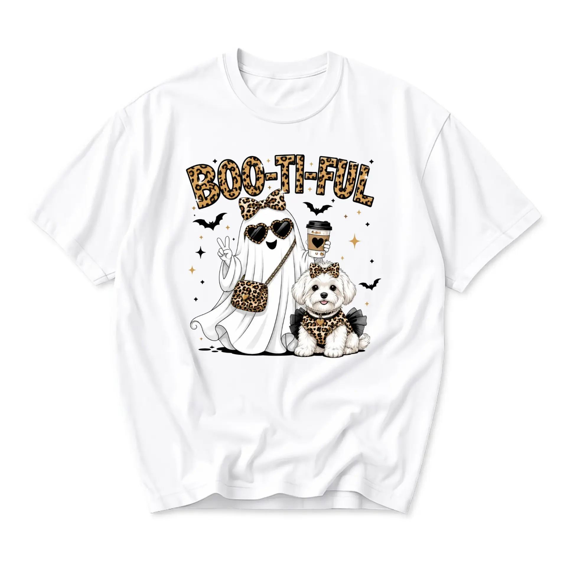 Graphic Tee Funny Boo-Ti-Ful Ghost and Puppy Shirt Casual Unisex Crewneck Short Sleeve Apparel for Everyday Wear