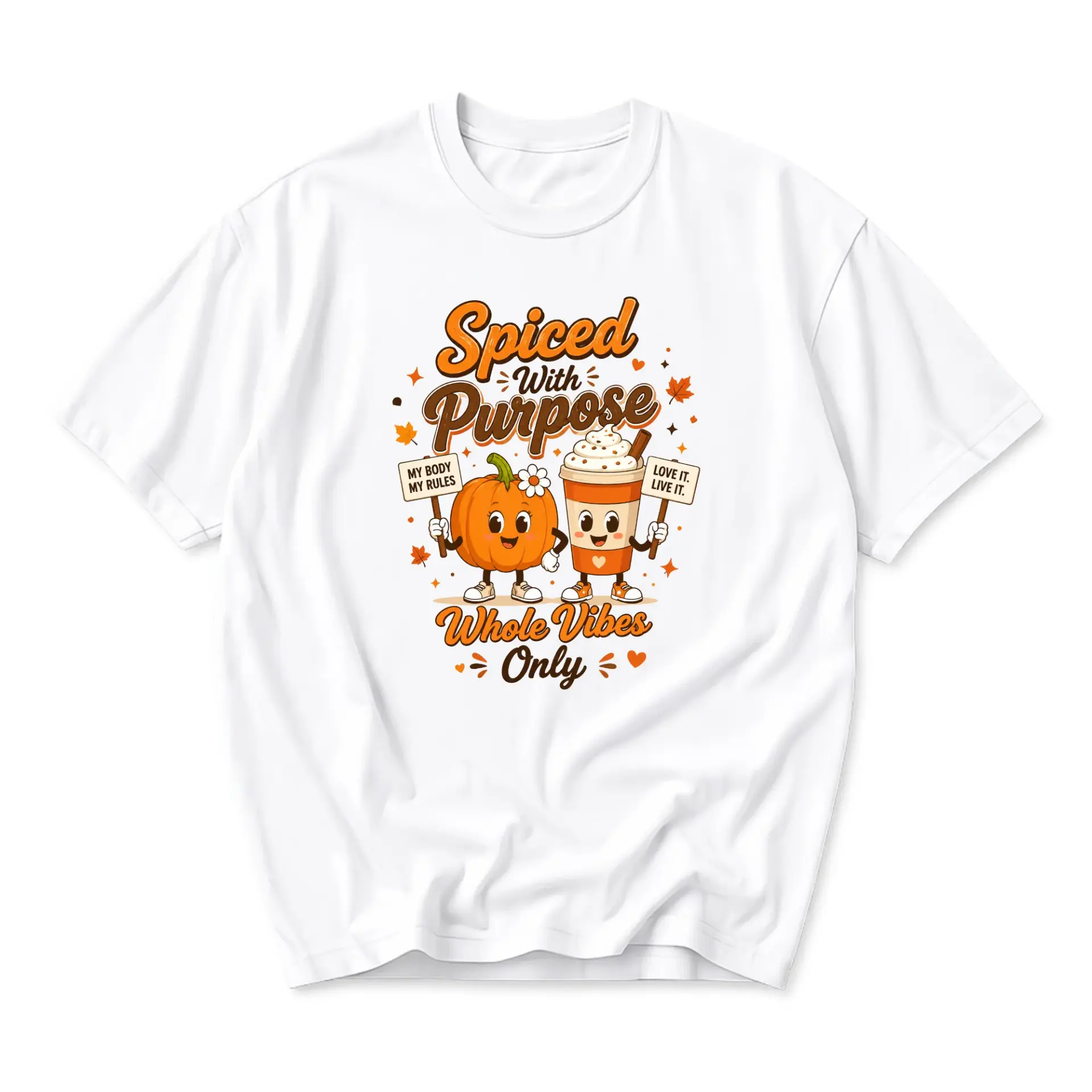 Funny Shirt Spiced with Purpose Graphic Tee Retro Pumpkin Coffee Fall Unisex Crew Neck Short Sleeve Cotton Apparel