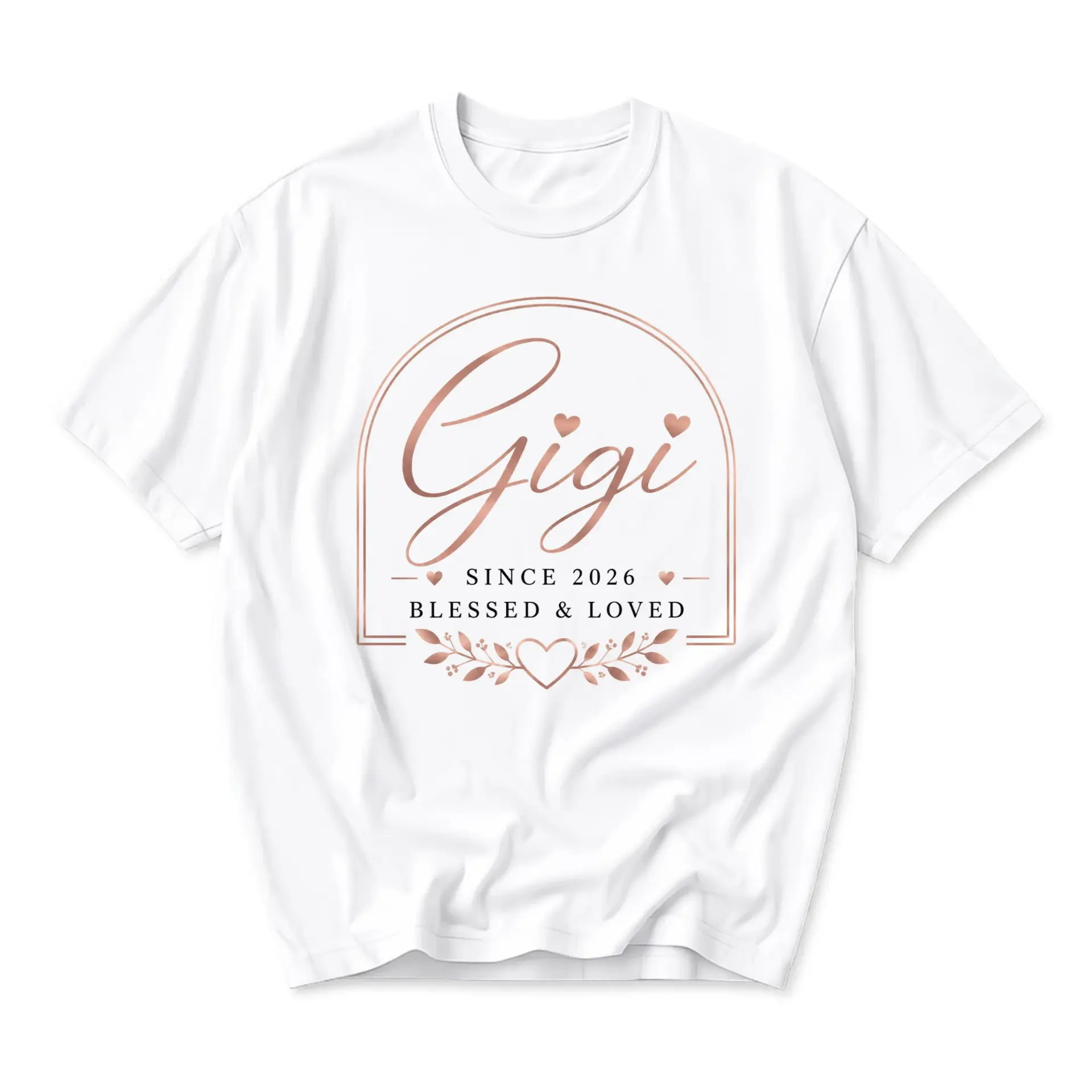 Graphic Tee Gigi Since 2026 Blessed and Loved Rose Gold Style Design Unisex Casual Short Sleeve Crew Neck Cotton Shirt