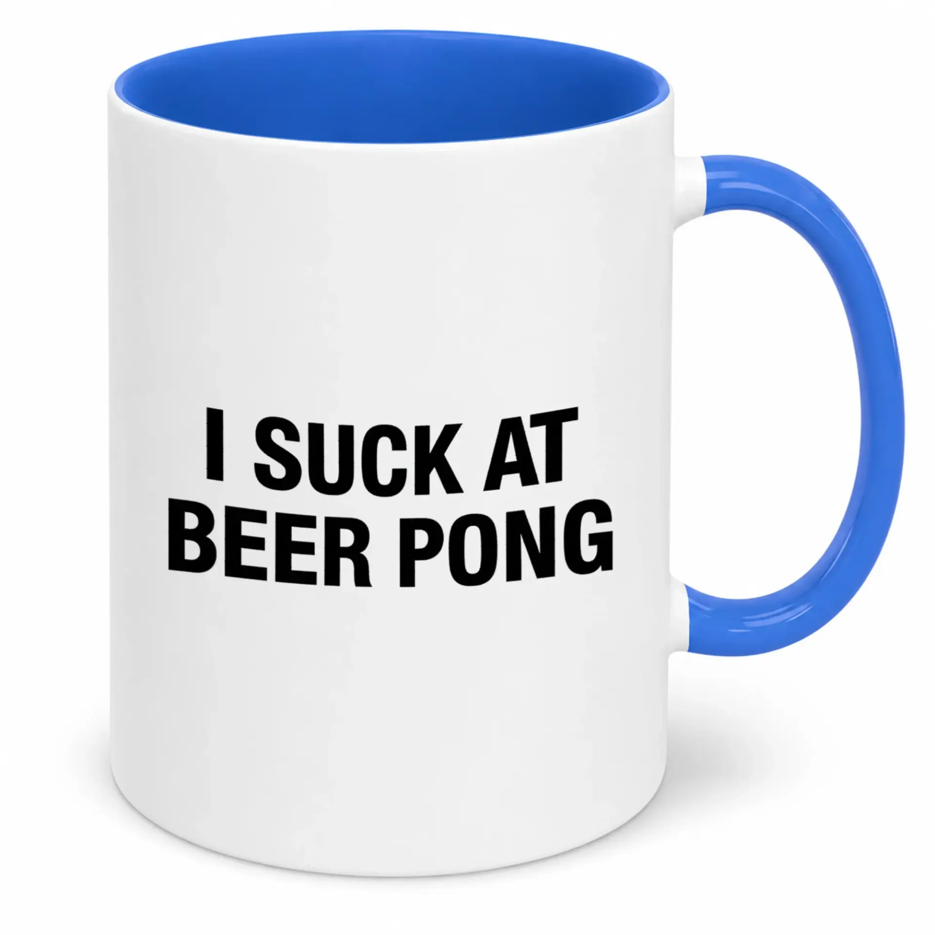Funny Beer Pong Lover Coffee Mug, Humorous Drinking Game Party Themed Ceramic Cup with Blue Handle & Interior, 11oz or 15oz Beverage Drinkware Gift